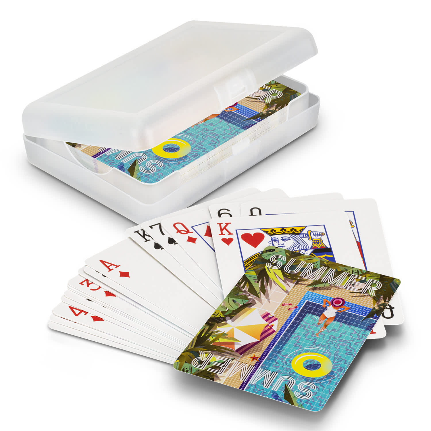 A set of colourful playing cards in a white gift case, featuring tropical-themed designs. Vegas Playing Cards - Gift Case - Image 1