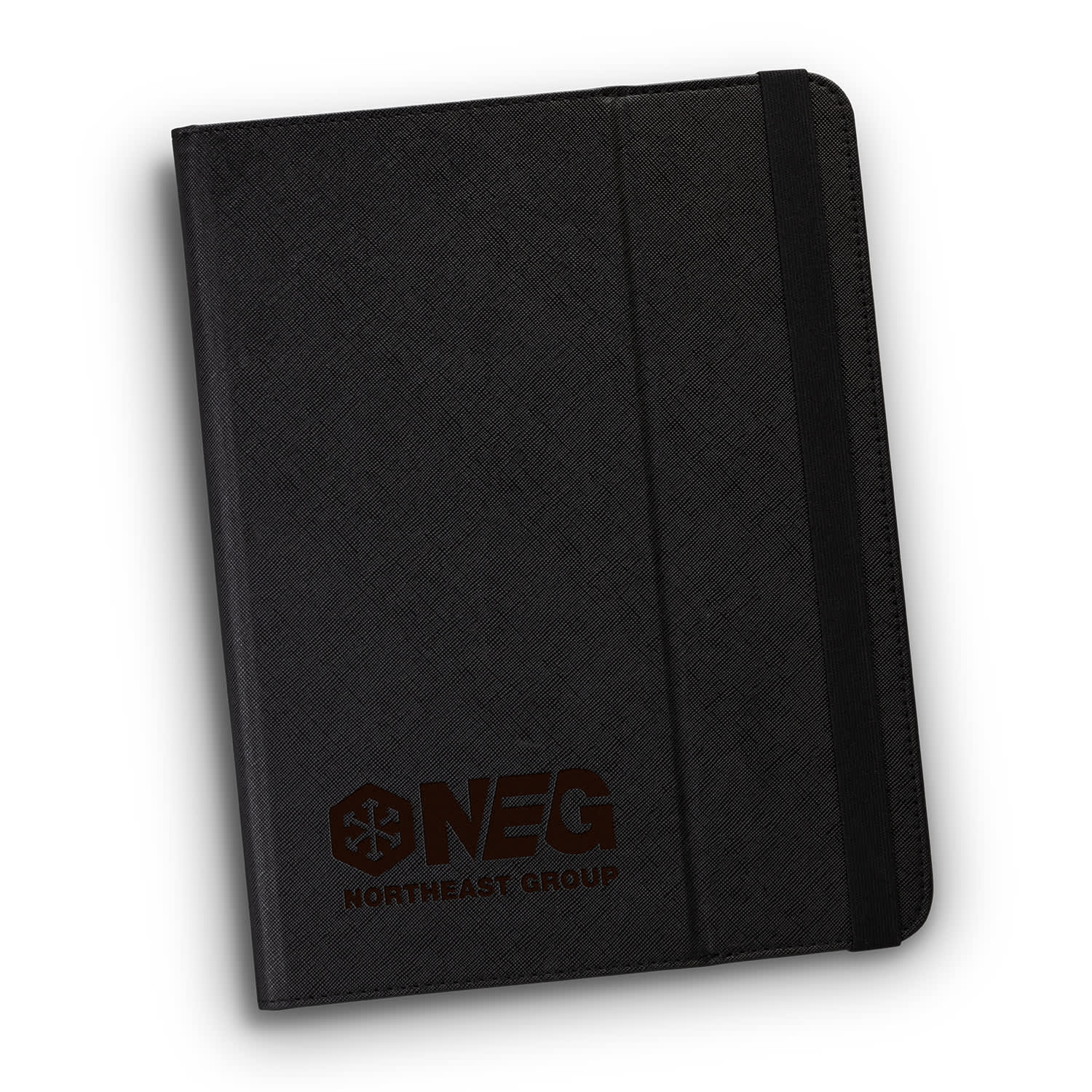 A sleek black tablet case with a textured finish and an embossed logo on the front. Milena Tablet Case - Image 1