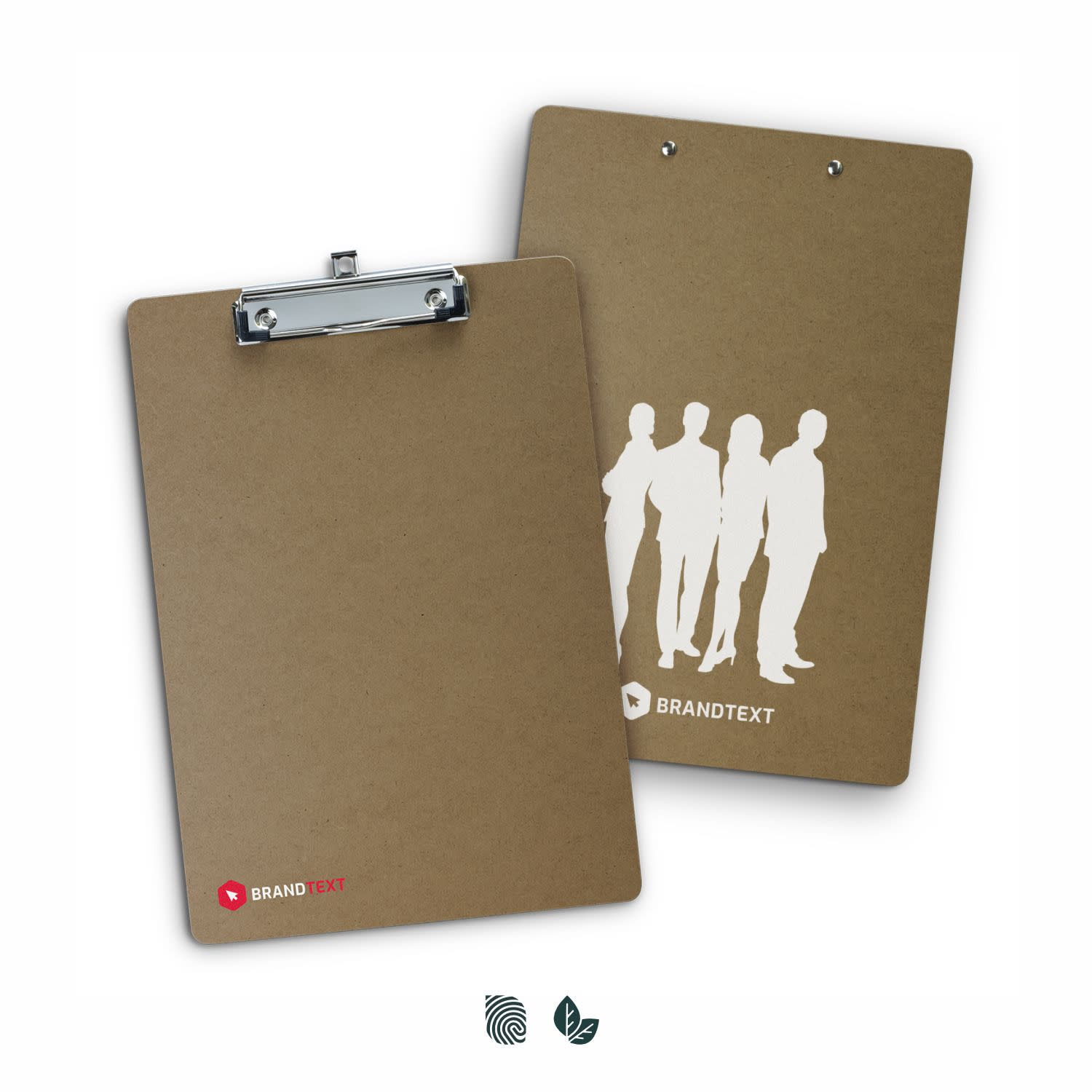 A brown clipboard featuring a silver clip, with a silhouette graphic on one side and a logo. Classic Clipboard - Image 1