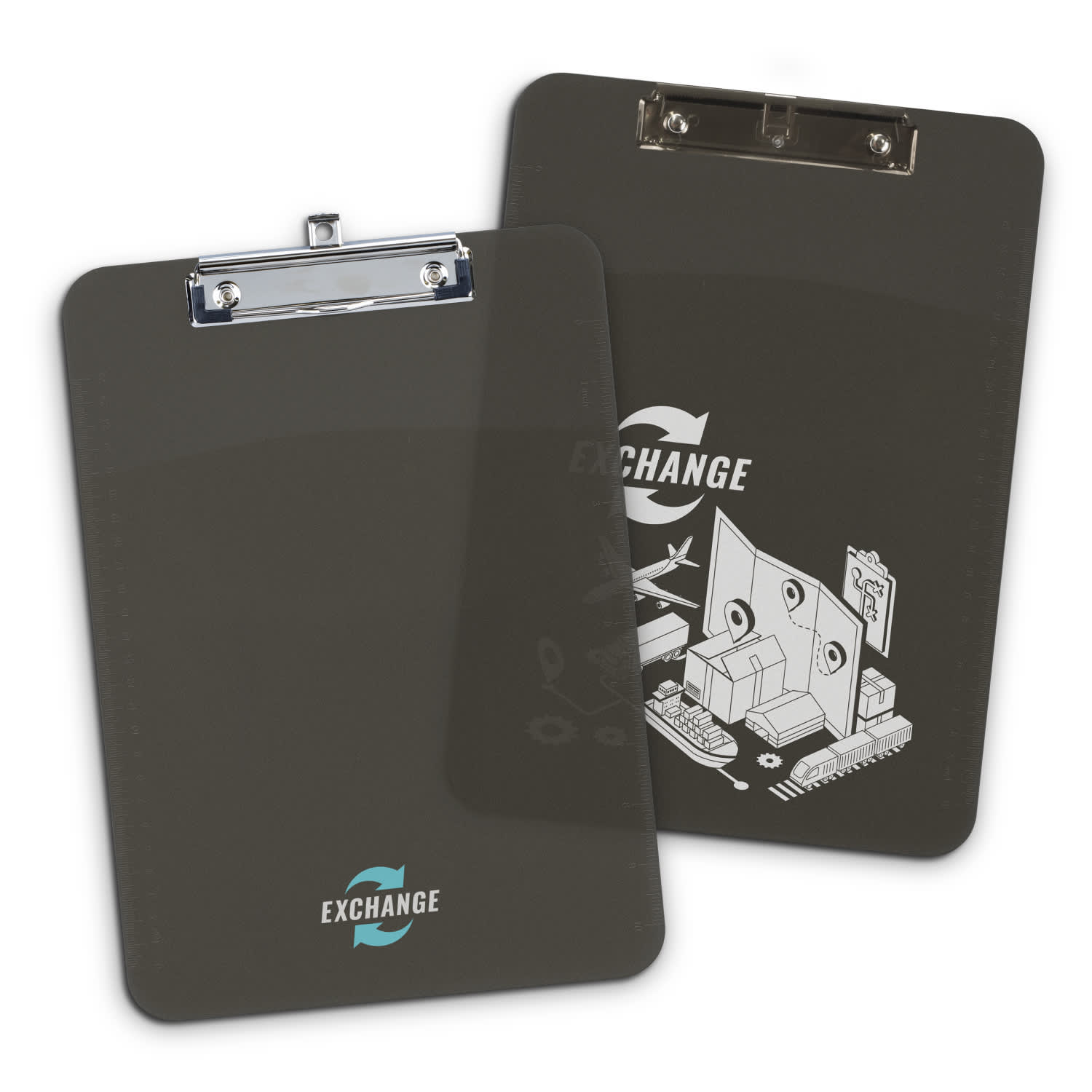 A dark grey clipboard with a metal clip, featuring a design that includes an illustration and a logo. Ruler Clipboard - Image 1