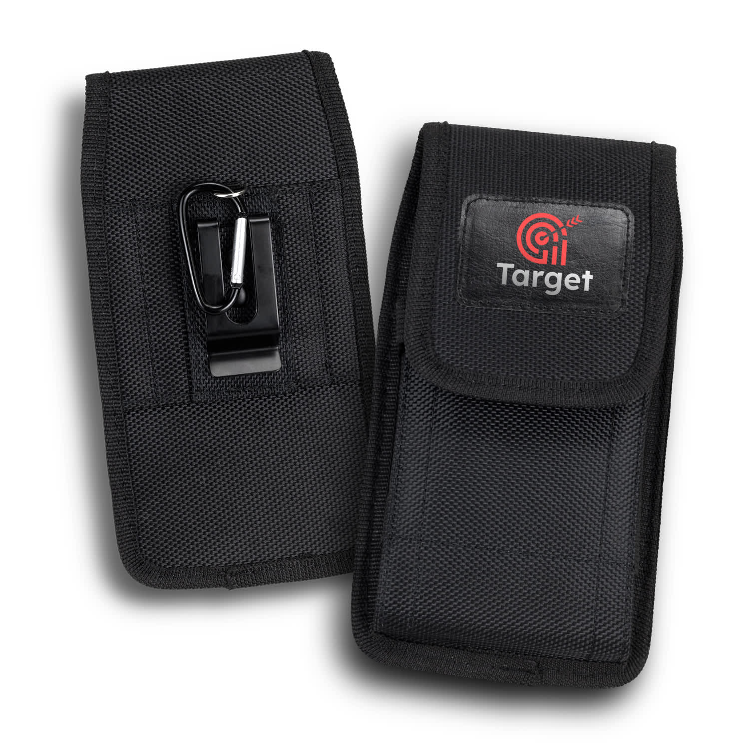 A black phone pouch with a clip and a branded logo, featuring a textured material and a flap closure. Knight Phone Pouch - Image 1