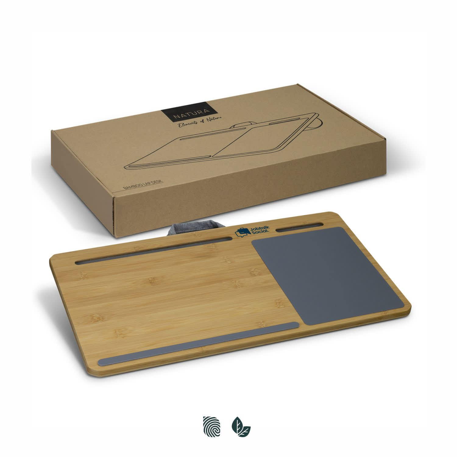 A bamboo lap desk with a grey writing surface and a boxed package featuring a logo. NATURA Bamboo Lap Desk - Image 1