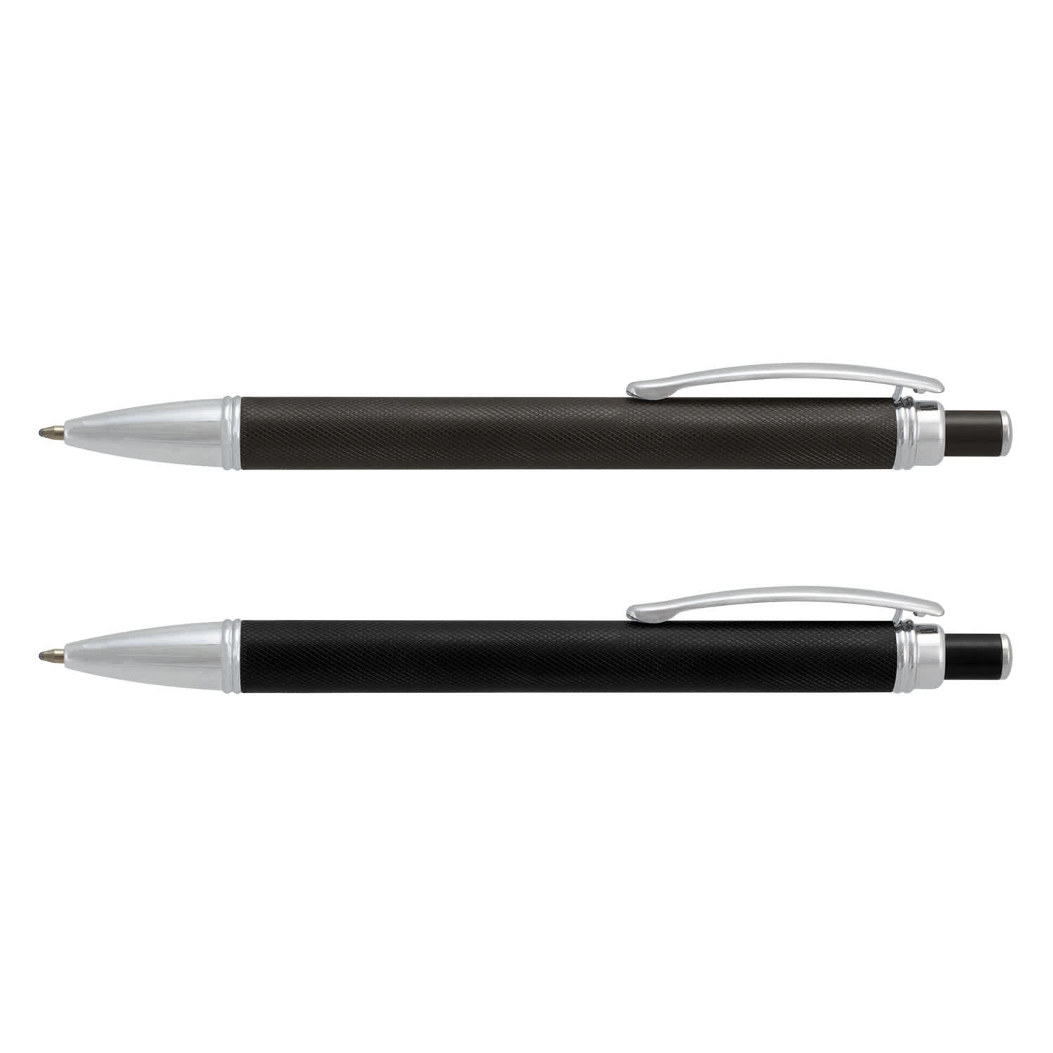 Two metal pens are displayed: one with a black rubber grip and silver accents, and the other entirely in black. Both have branding. Guilloche Pen - Image 1