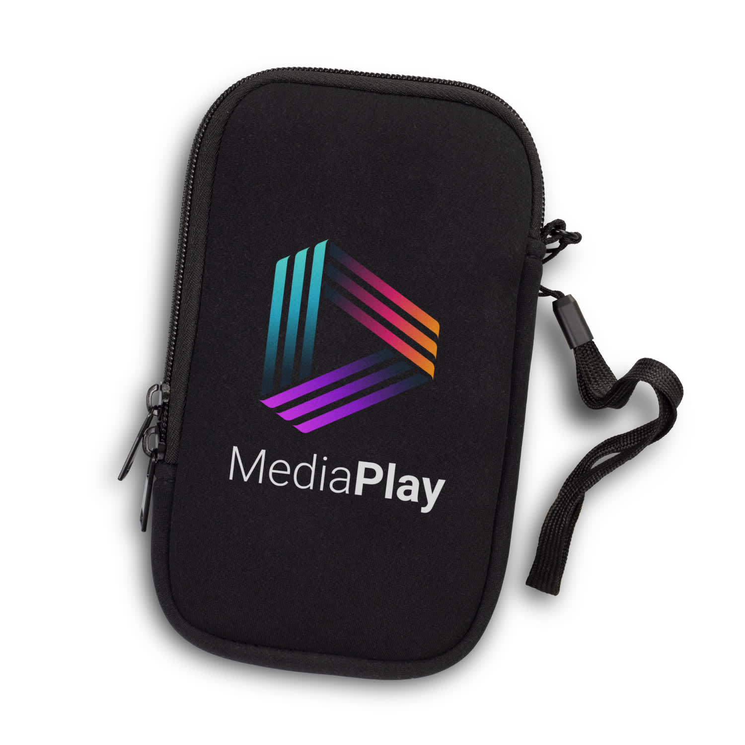 A black phone sleeve with a zip closure and a logo featuring multi-coloured diagonal stripes. Spencer Phone Sleeve - Image 1