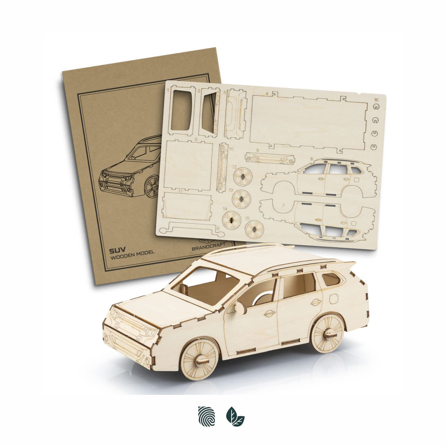 A wooden model SUV in natural colour, with assembled and unassembled pieces displayed alongside a packaging sheet. BRANDCRAFT SUV Wooden Model - Image 1
