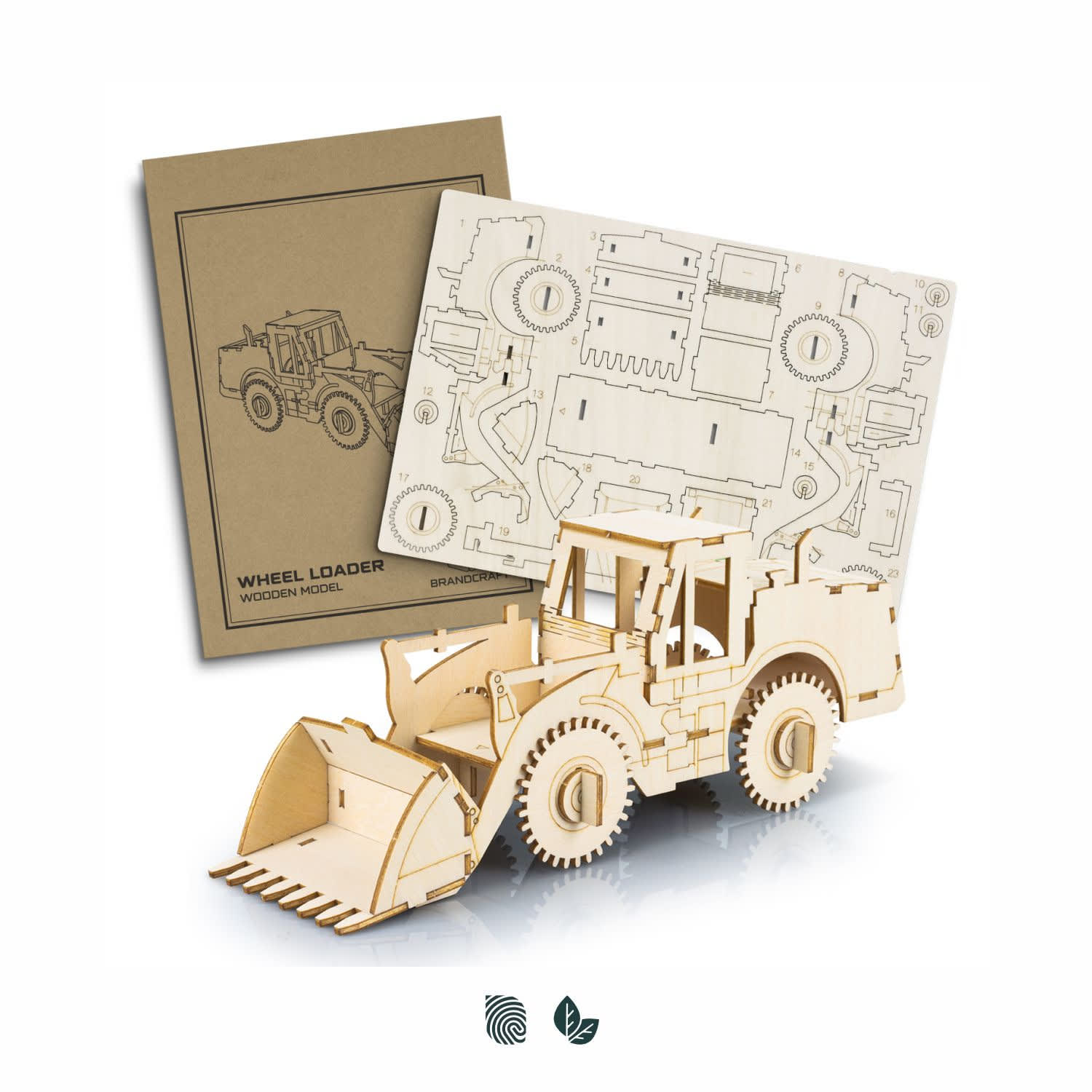 A wooden model of a wheel loader in natural wood finish, alongside its flat packing template. BRANDCRAFT Wheel Loader Wooden Model - Image 1