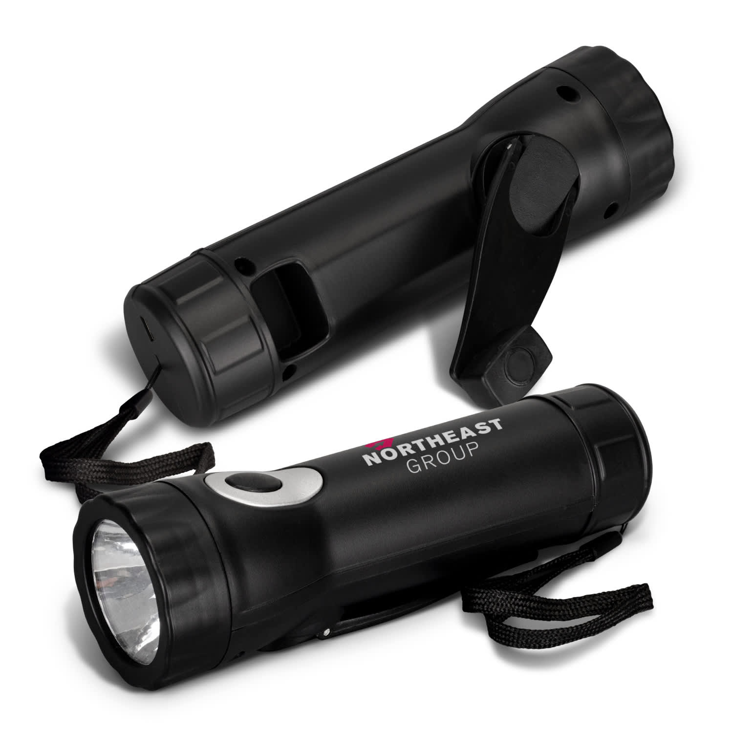 A black rechargeable torch with a wrist strap and a logo. The design includes a flashlight at one end. Dynamo Rechargeable Torch - Image 1