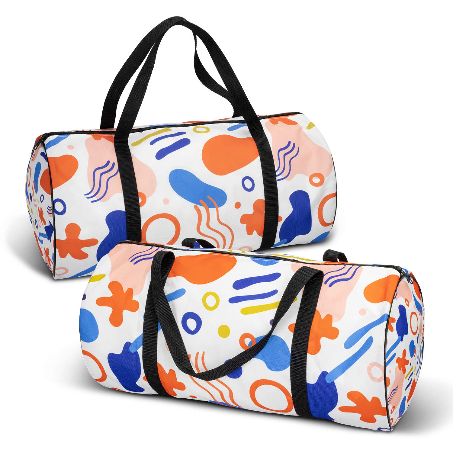 A full-colour duffle bag featuring a vibrant abstract design with orange, blue, and pink shapes. It has dual black handles. Dalton Duffle Bag - Full Colour - Image 1