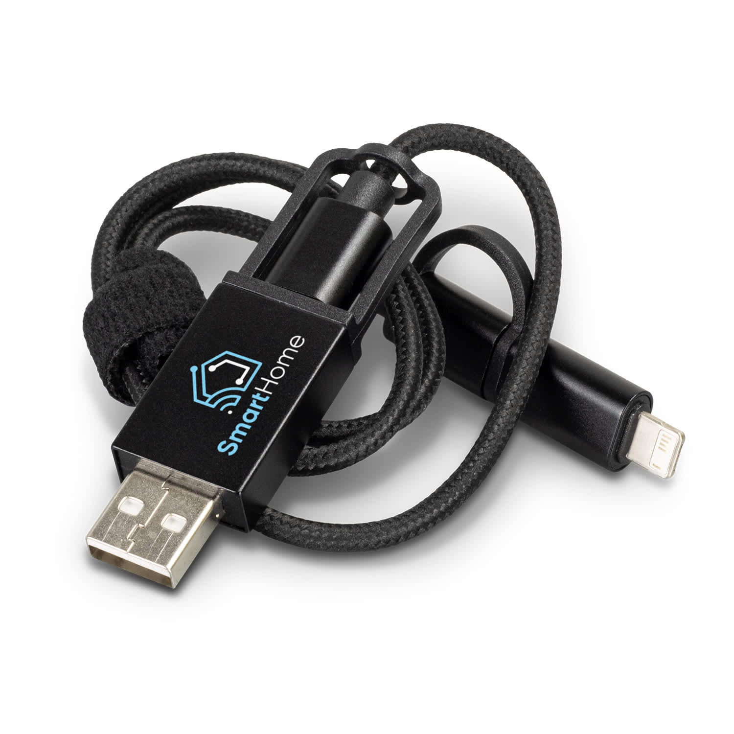 A braided charging cable in black, featuring a USB connector and a lightning connector, with a logo. Braided Charging Cable - Image 1