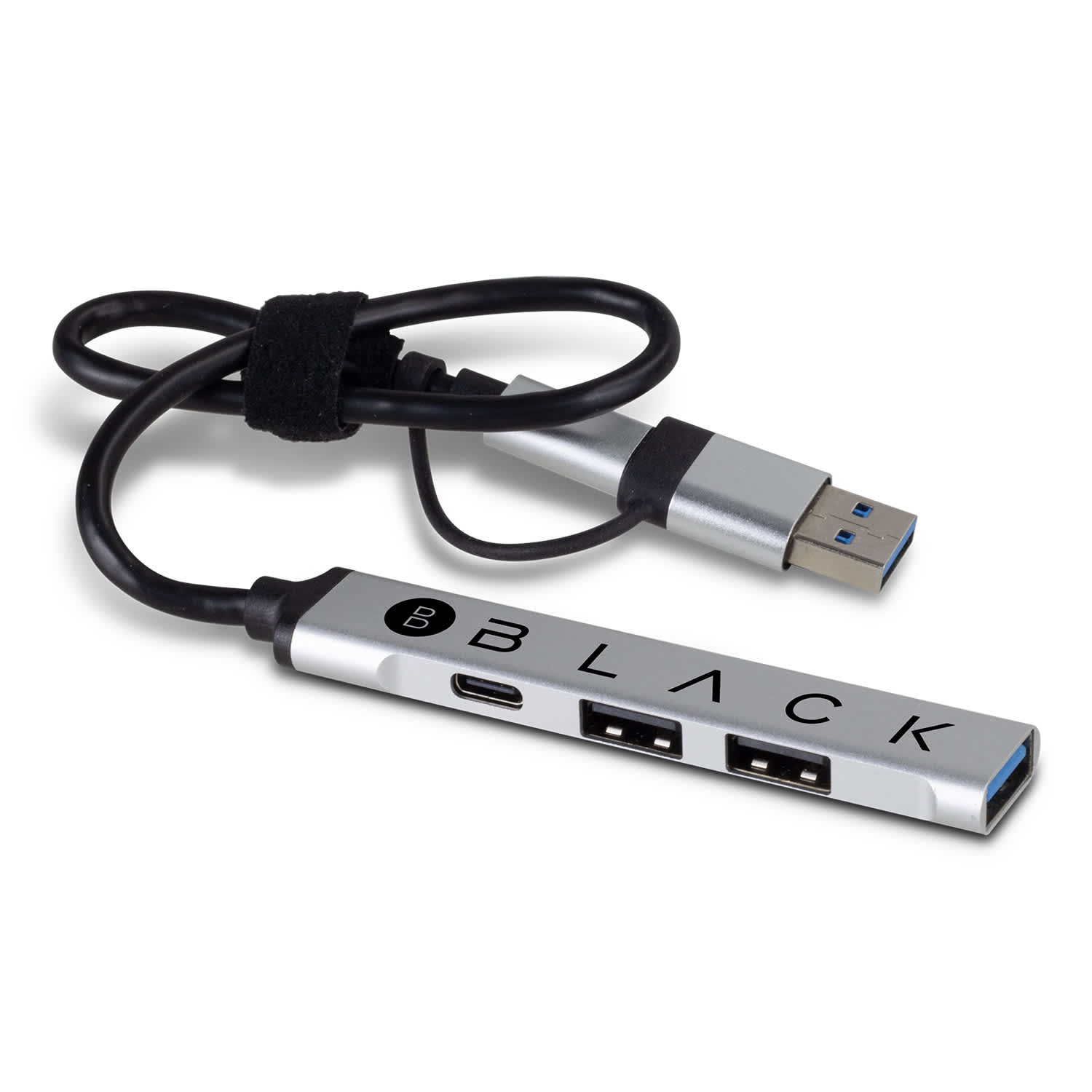 A black and silver Megabyte USB Hub with multiple USB ports and a connecting cable. It features a logo on the side. Megabyte USB Hub - Image 1