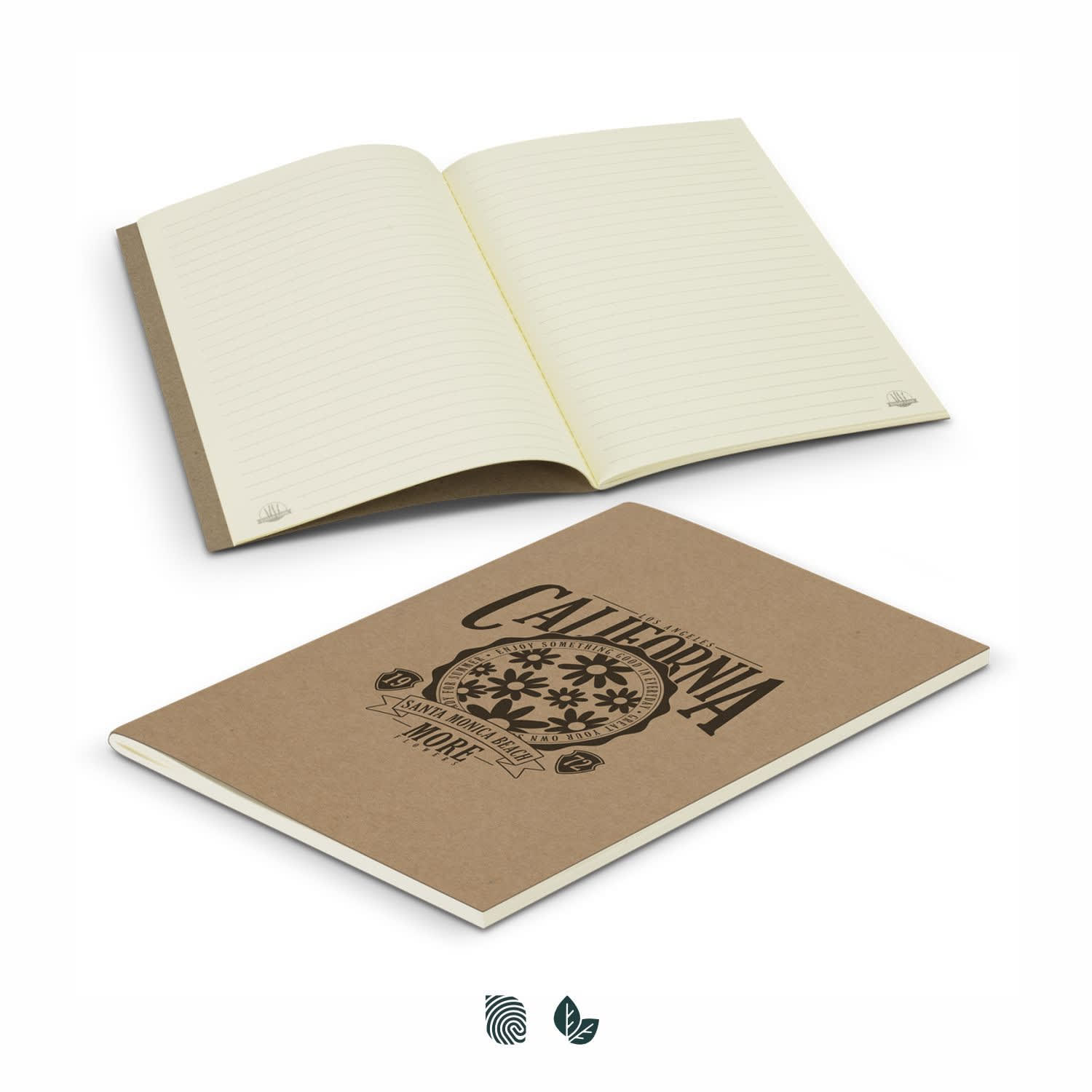 A soft cover notebook with a brown cover and lined pages, featuring a logo on the front. Sugarcane Paper Soft Cover Notebook - Image 1