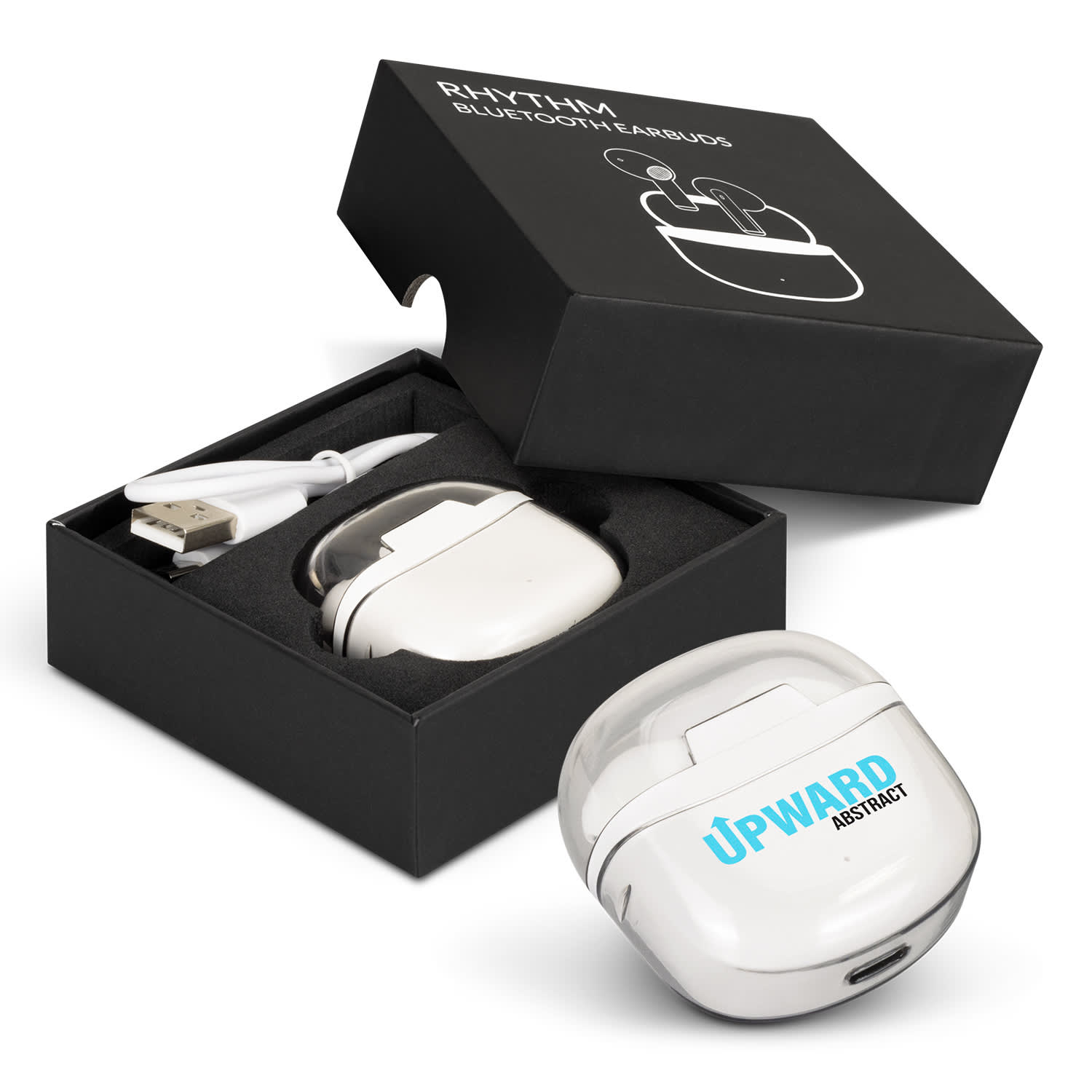 A pair of white Rhythm Bluetooth earbuds in a black box, accompanied by a USB charging cable. Rhythm Bluetooth Earbuds - Image 1