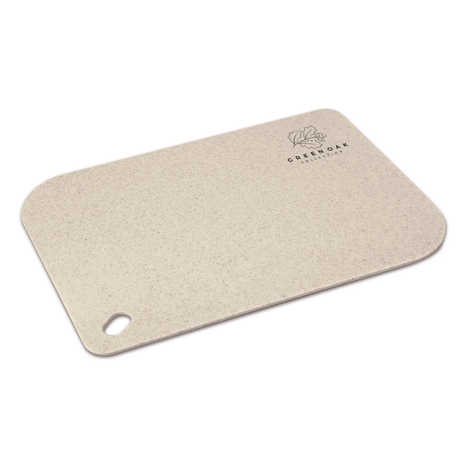 A chopping board in a light beige colour with a rounded edge and a handle hole, featuring a logo. Choice Chopping Board - Image 1