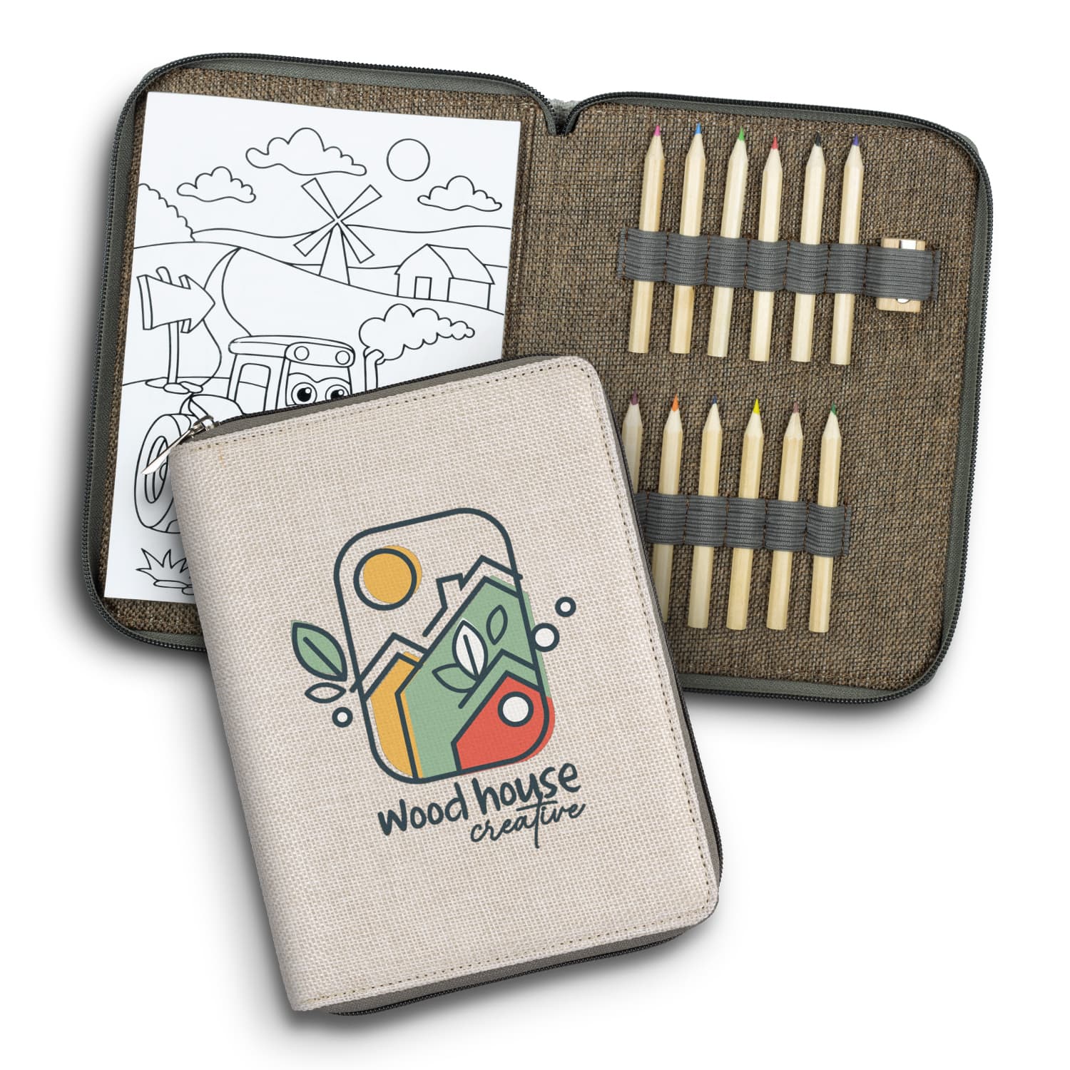 A portable drawing set featuring coloured pencils in a zippered case, with a sketchpad showing a colouring page. Mona Portable Drawing Set - Image 1