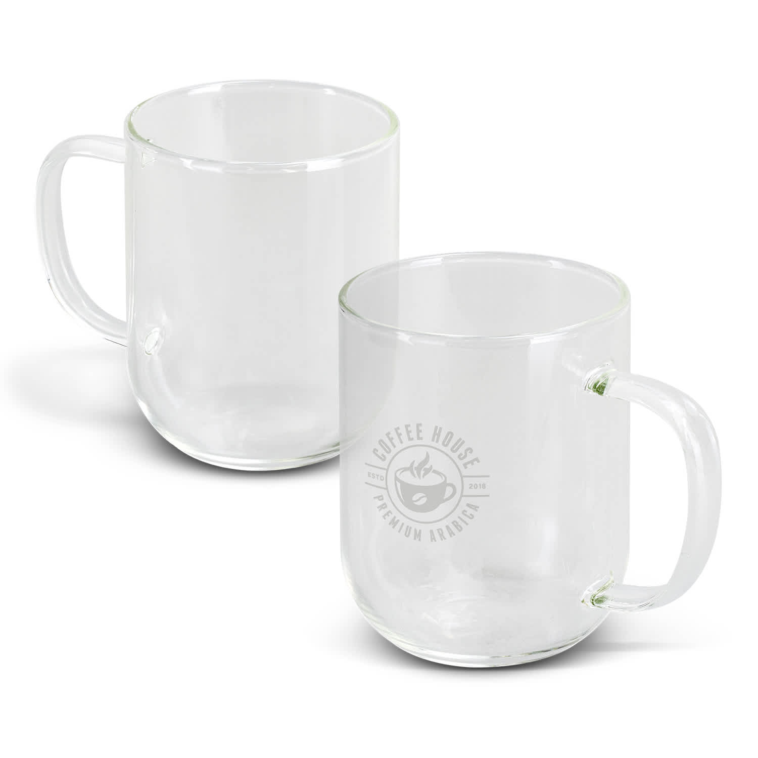 A glass mug in clear colour with a handle and a logo on one side. Two mugs are displayed. Florence Glass Mug - Image 1