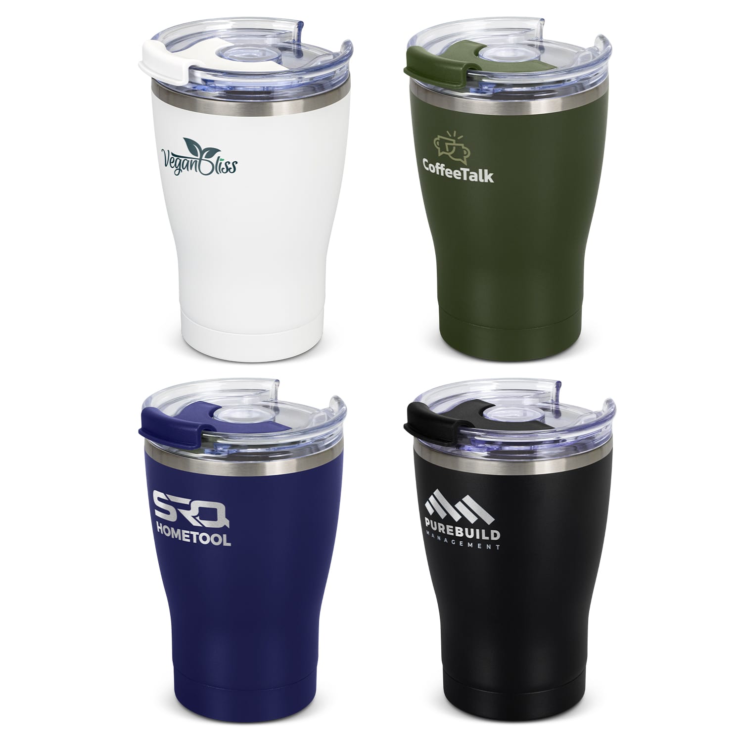 A drink bottle collection featuring four vacuum cups in white, green, navy, and black, each with a clear lid and branding. Arc Vacuum Cup - Image 1