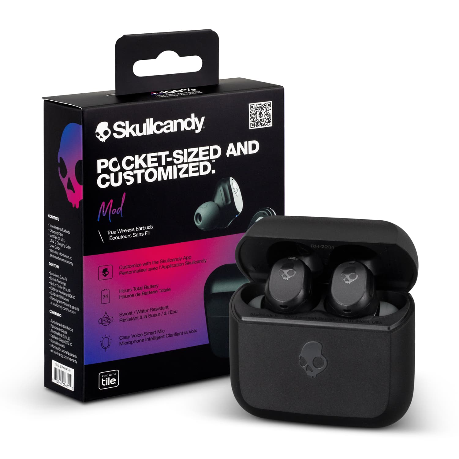 Black Skullcandy Mod TWS earbuds in a charging case, displayed with packaging showcasing its features and branding. Skullcandy Mod TWS Earbuds - Image 1