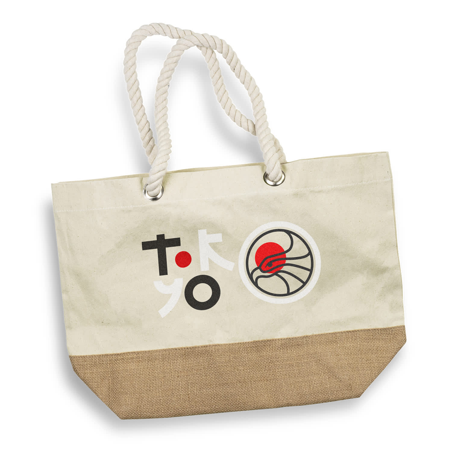 A cream tote bag with a jute bottom, featuring a logo and colourful graphics. It has sturdy rope handles. Helios Tote Bag - Image 1