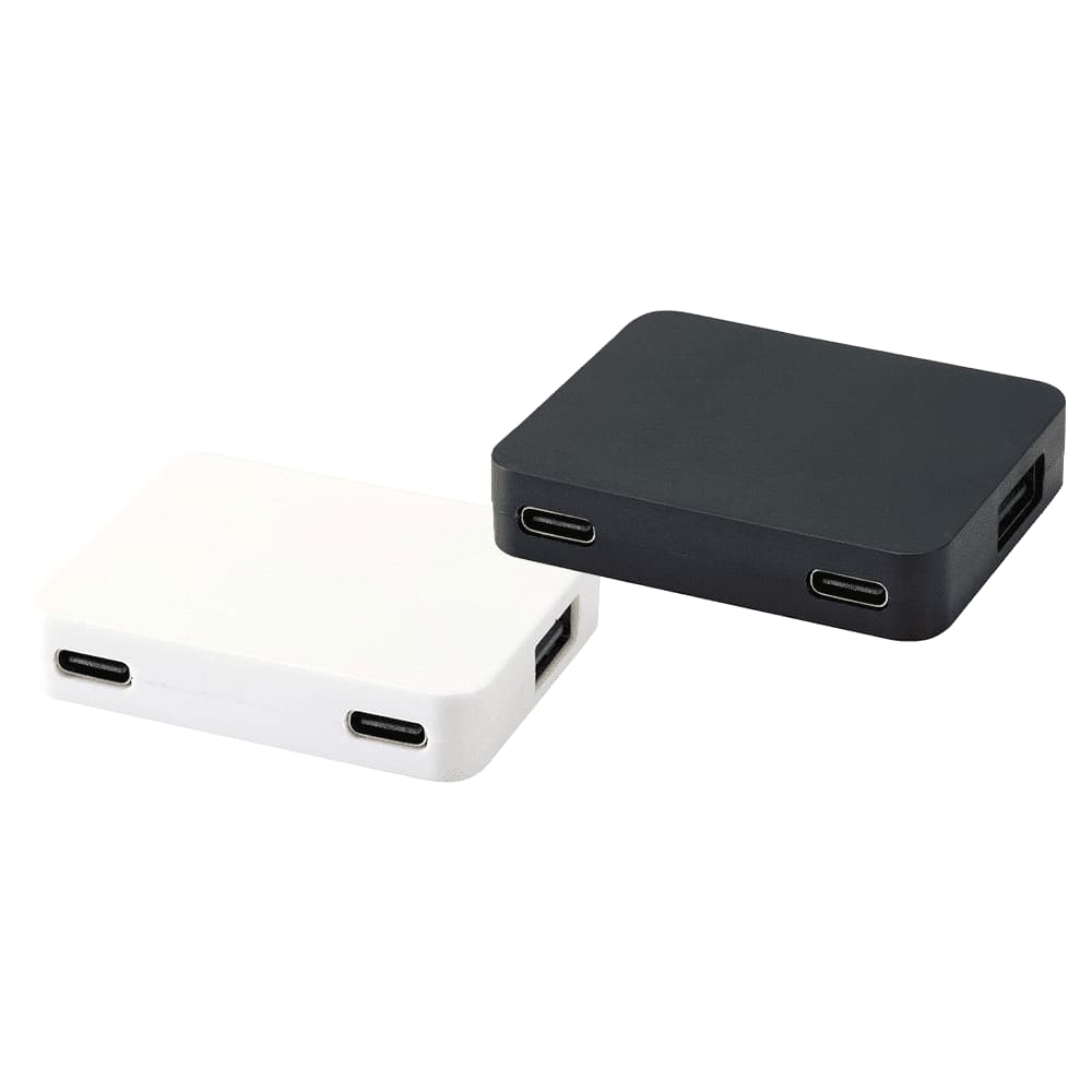 A black and white 4-port USB hub featuring USB-A and Type-C outputs with dual input options. It includes a logo. Gaia 4-Port USB Hub w/ USB-A & Type-C Output & Dual Input - Image 1