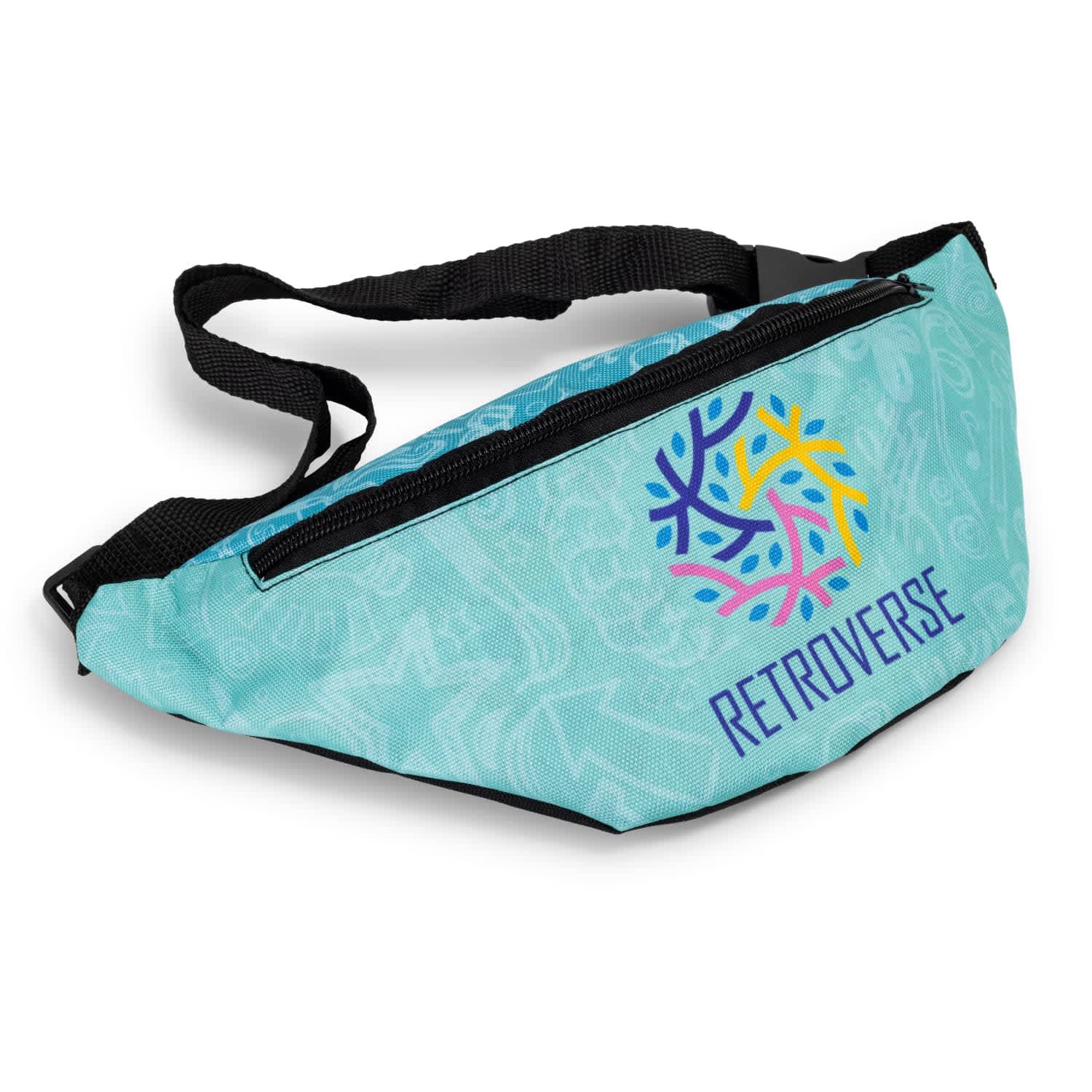 A teal belt bag with a vibrant multicoloured design and a black strap, featuring a logo. Glastonbury Belt Bag - Full Colour - Image 1