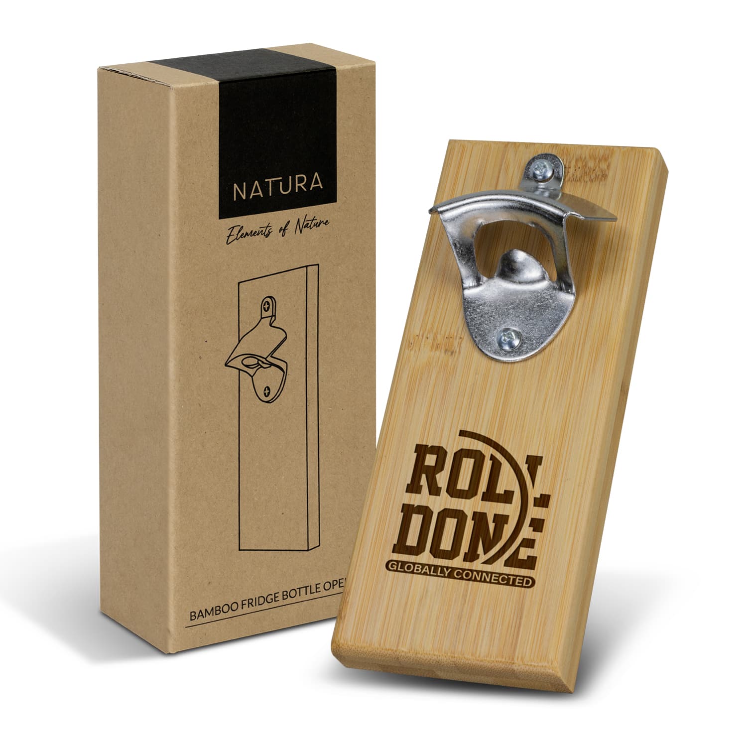 A drink bottle opener made from bamboo with a metal cap remover, displayed next to a cardboard box featuring a logo. NATURA Bamboo Fridge Bottle Opener - Image 1