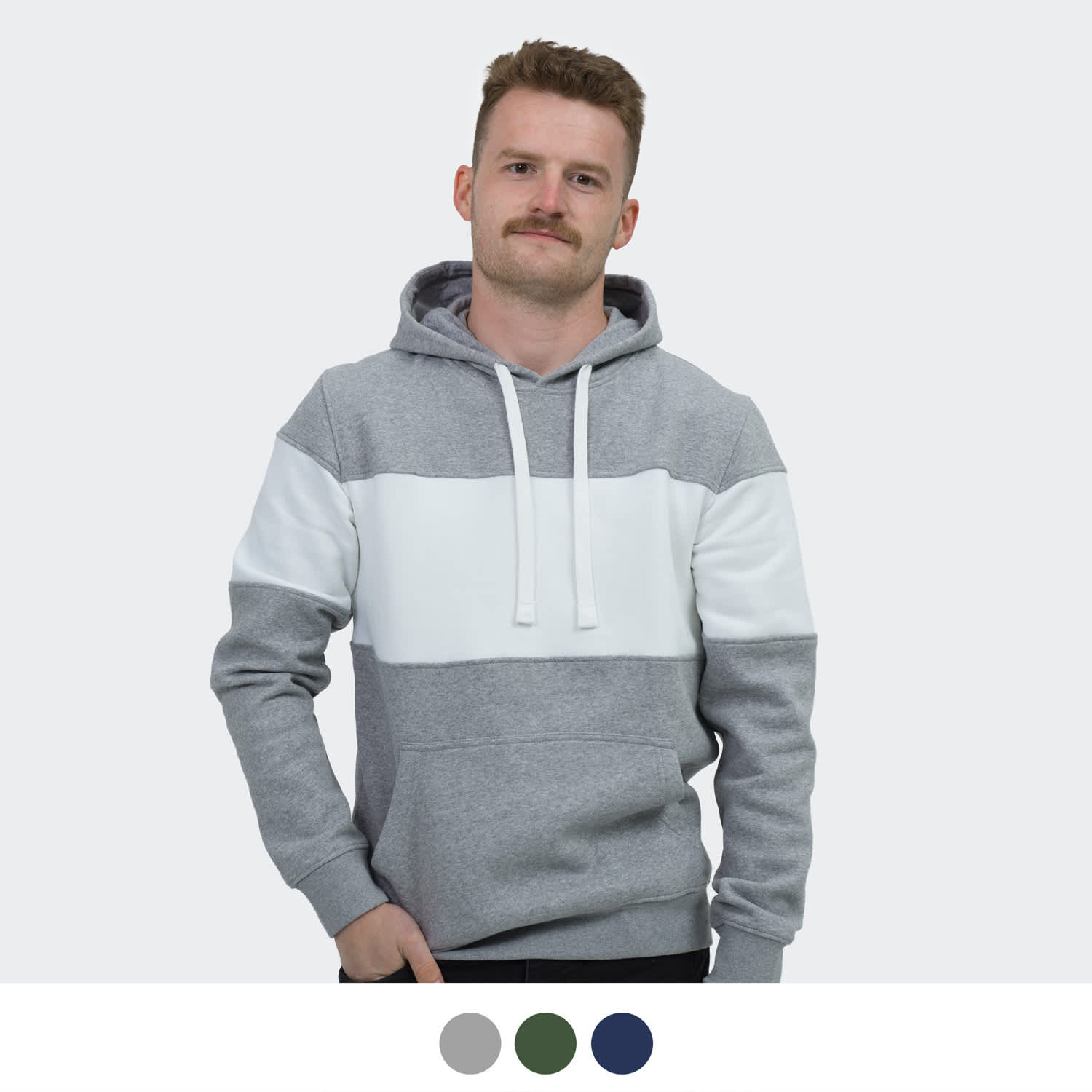 A unisex hoodie in grey with a white horizontal stripe, featuring a front kangaroo pocket and a drawstring hood. TRENDSWEAR Fairmount Unisex Hoodie - Image 1