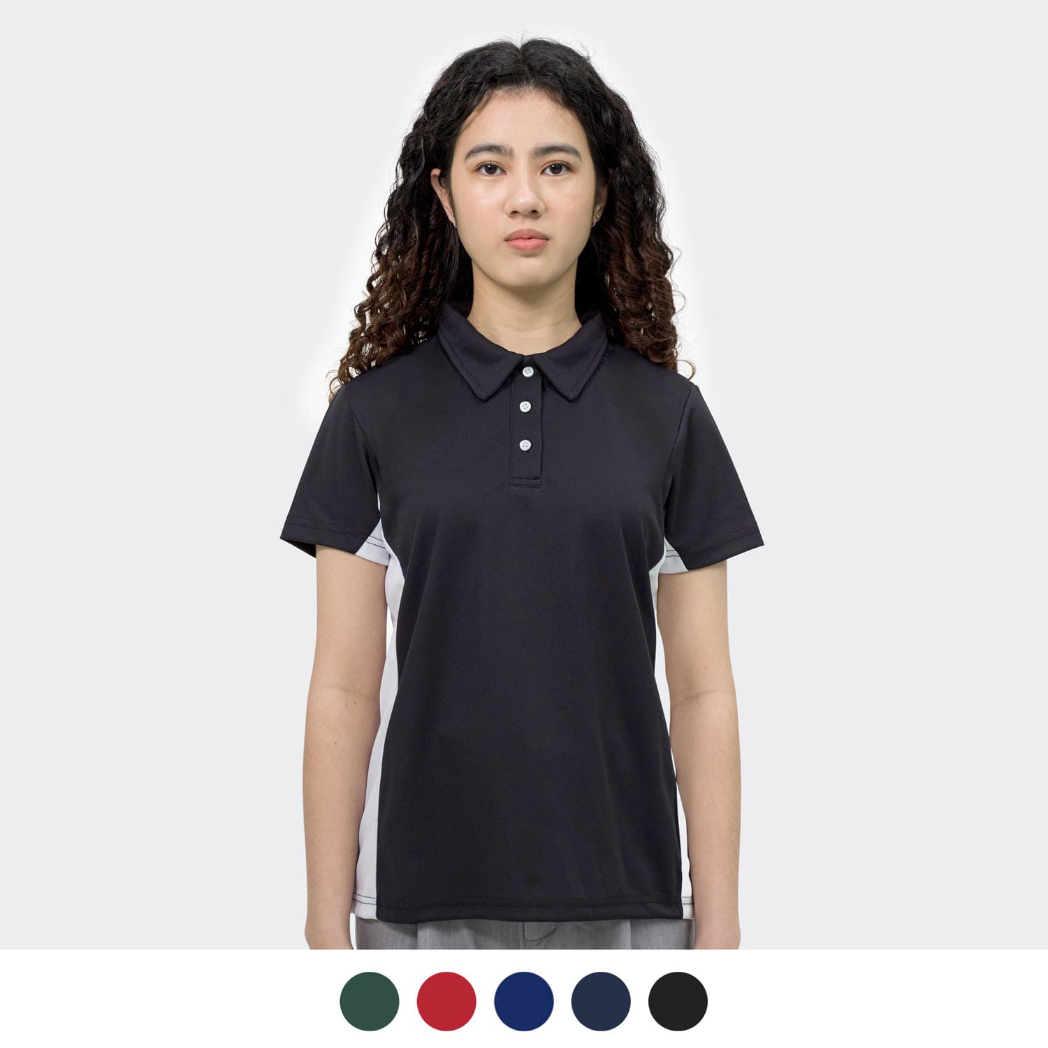 A black women's polo shirt with a contrasting design, featuring a logo on the chest area. Available in various colours. TRENDSWEAR Harvey Womens Polo - Image 1