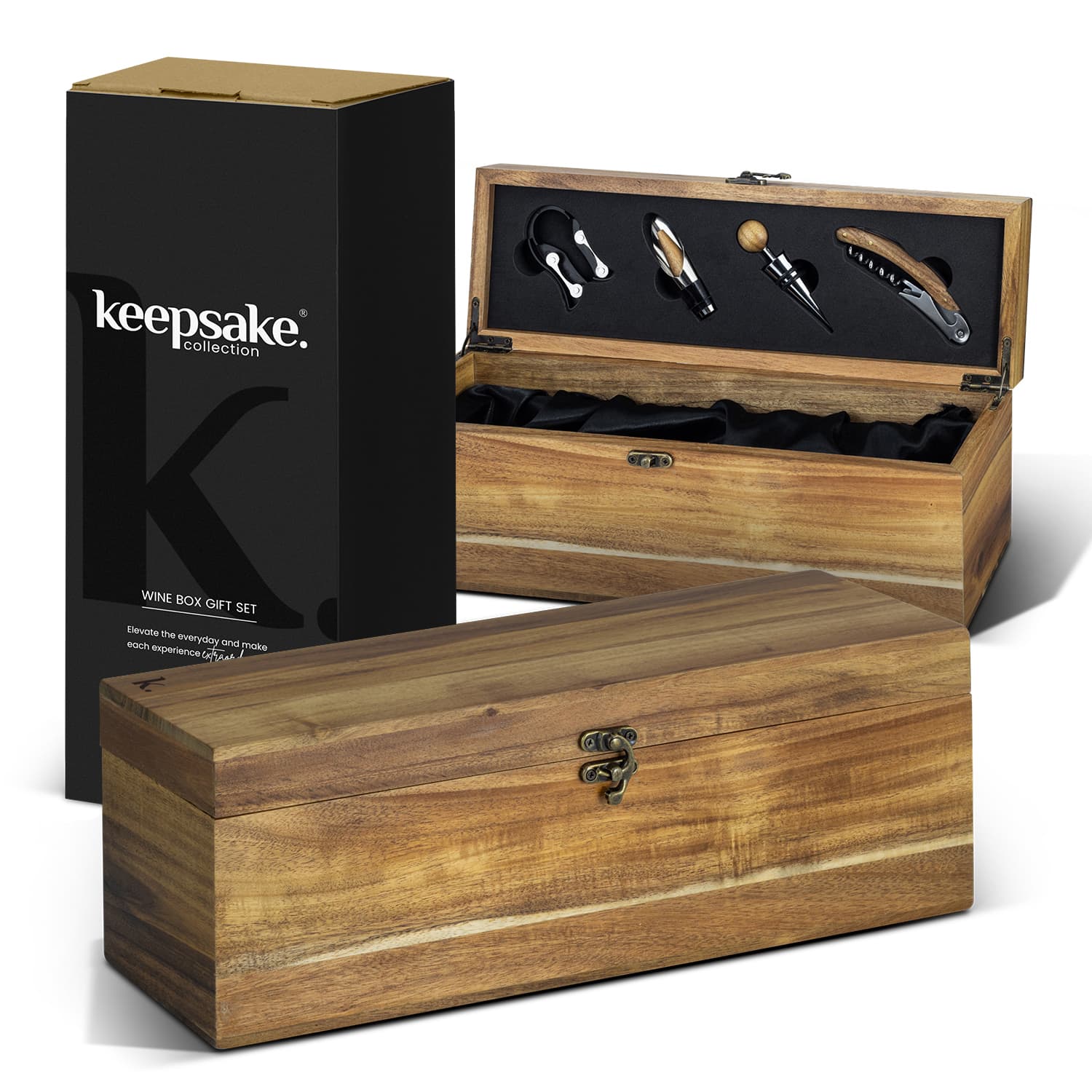 A wooden keepsake wine box gift set with various wine accessories inside and a branded packaging box. Keepsake Wine Box Gift Set - Image 1