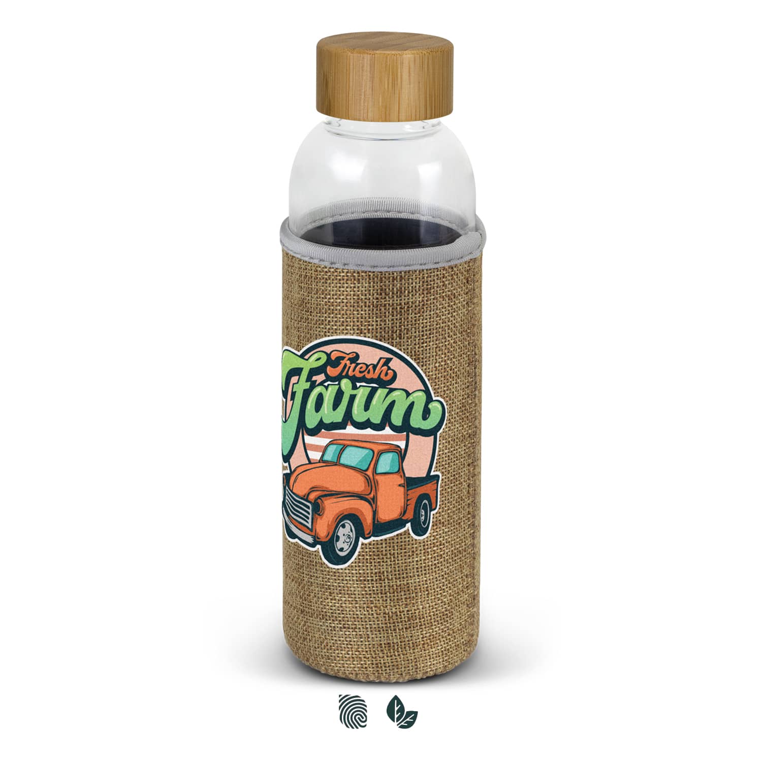 A drink bottle with a clear glass body and a natural beige sleeve featuring a graphic design and a wooden lid. Eden Glass Bottle - Natural Sleeve - Image 1