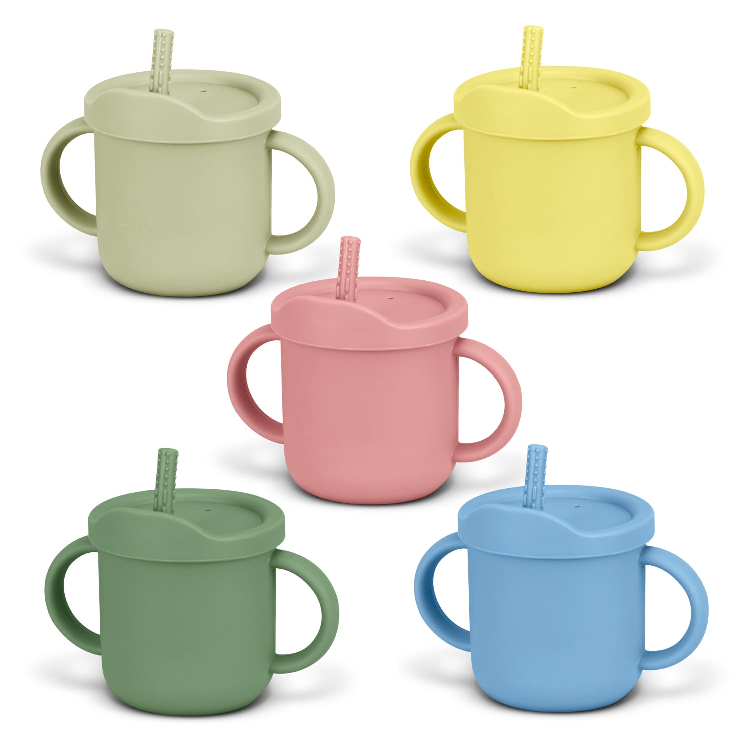 A drink bottle set featuring five sipper cups in green, yellow, pink, and blue with handles and straws. Kids Sipper Cup - Image 1