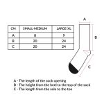 A diagram of a sock size chart with measurements labeled A, B, and C, featuring a sock illustration and dimensions in centimetres.
