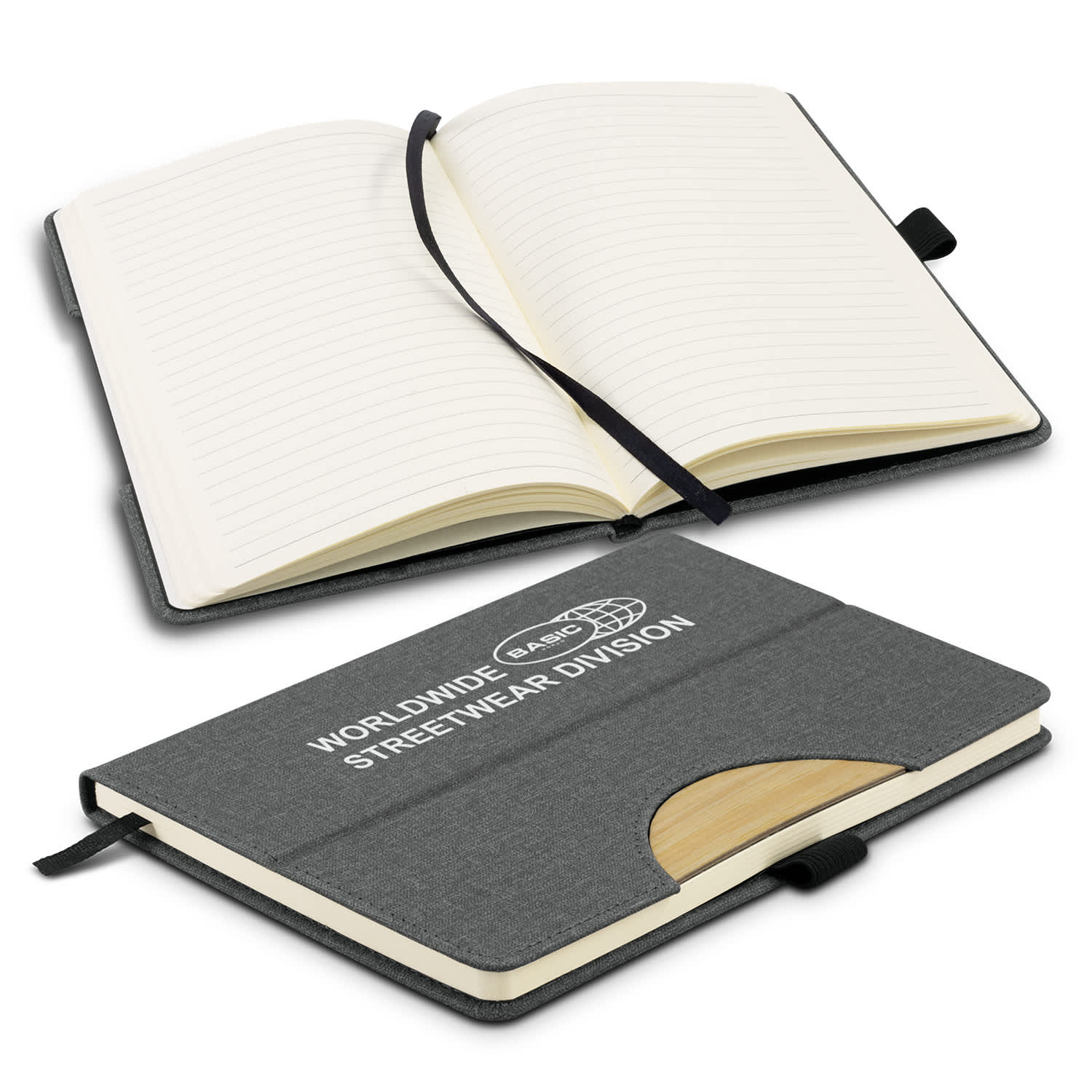 A grey notebook with a textured cover, featuring a logo, an elastic band, and lined pages inside. Atoll Notebook - Image 1