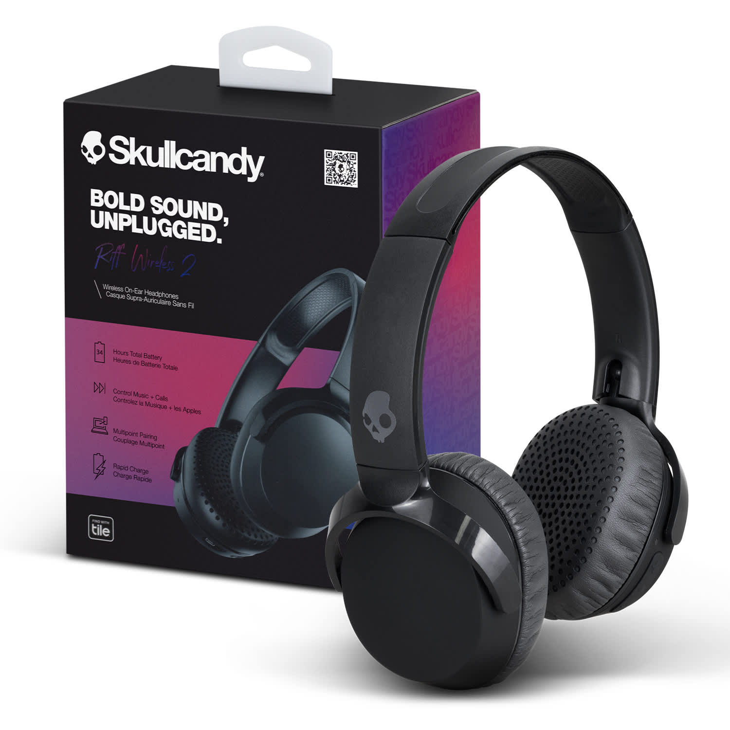 Black wireless headphones displayed alongside their packaging, featuring a logo and a sleek design. Skullcandy Riff 2 Wireless Headphones - Image 1