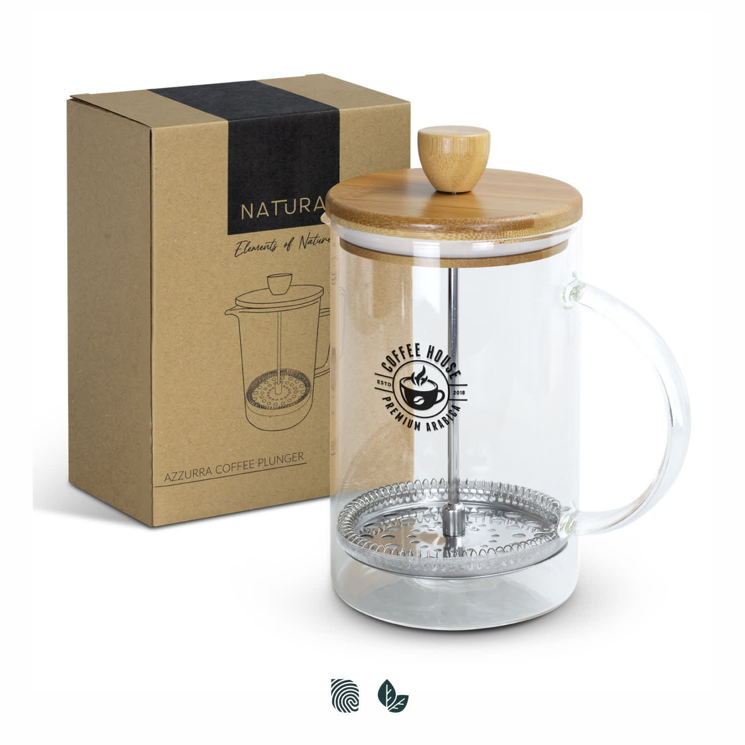 A coffee plunger with a glass body and bamboo lid, packaged in a cardboard box. It features a metal filter. NATURA Azzurra Coffee Plunger - Image 1