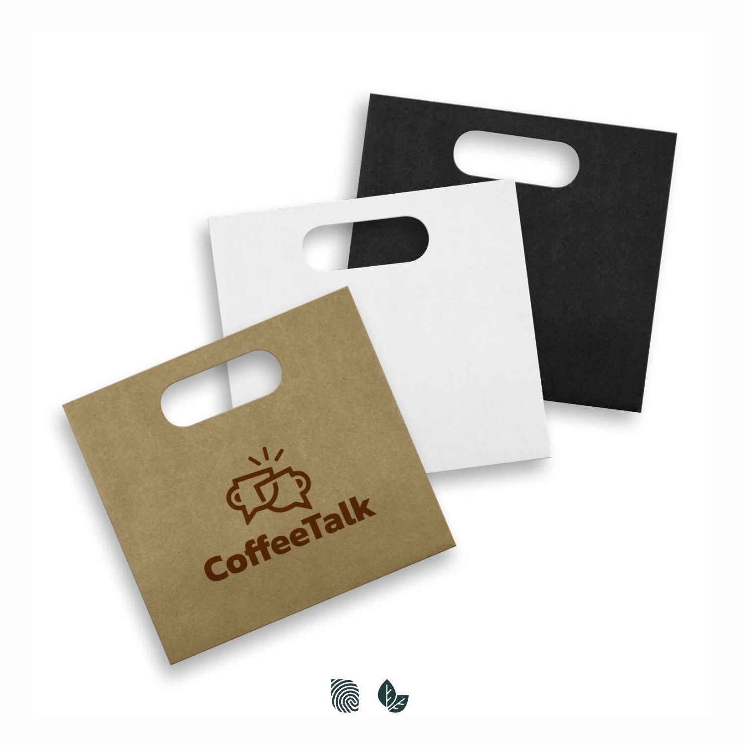 A medium die cut paper bag in brown, white, and black, featuring a logo. Medium Die Cut Paper Bag Landscape - Image 1