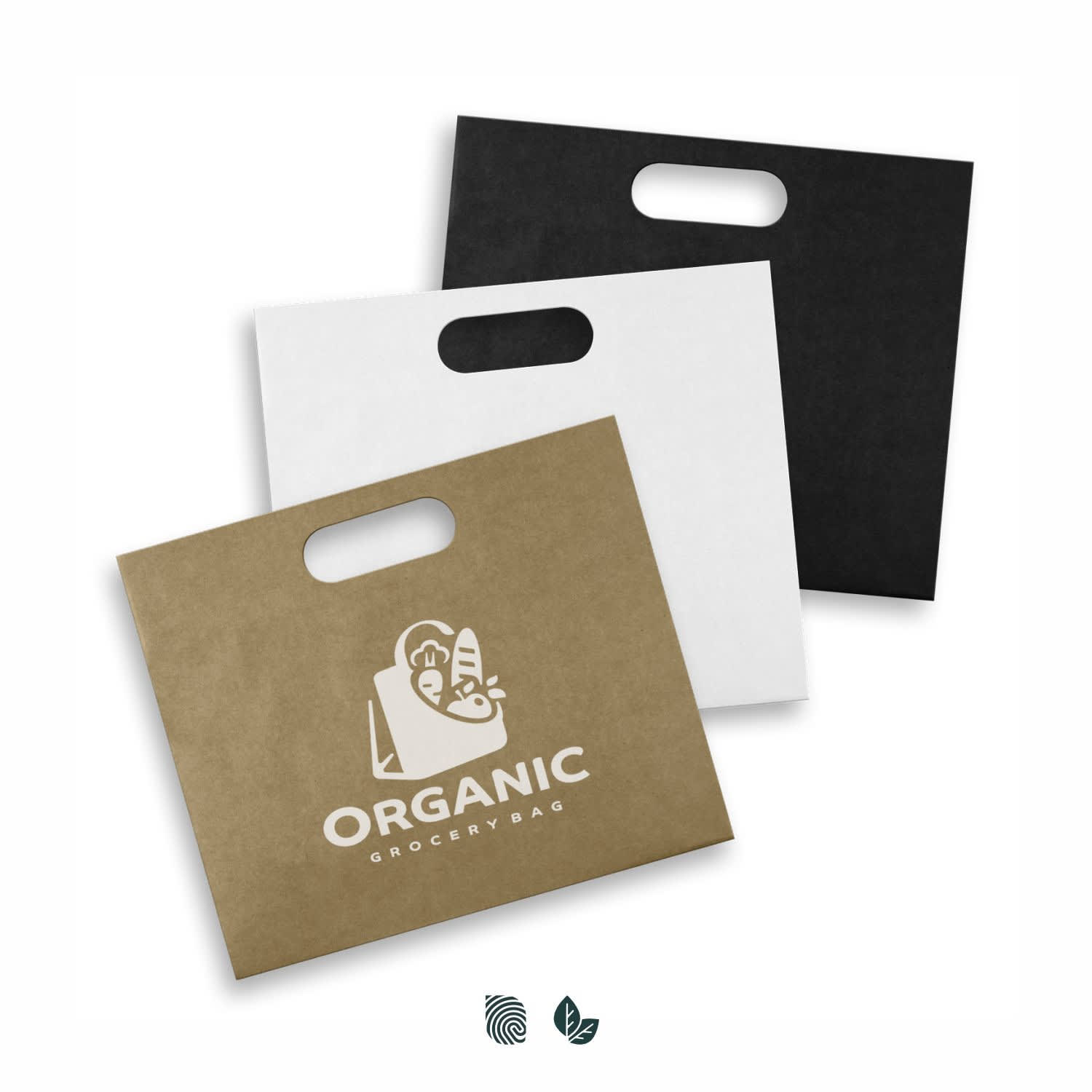A large die-cut paper bag set in black, white, and kraft brown, featuring a logo. Large Die Cut Paper Bag Landscape - Image 1