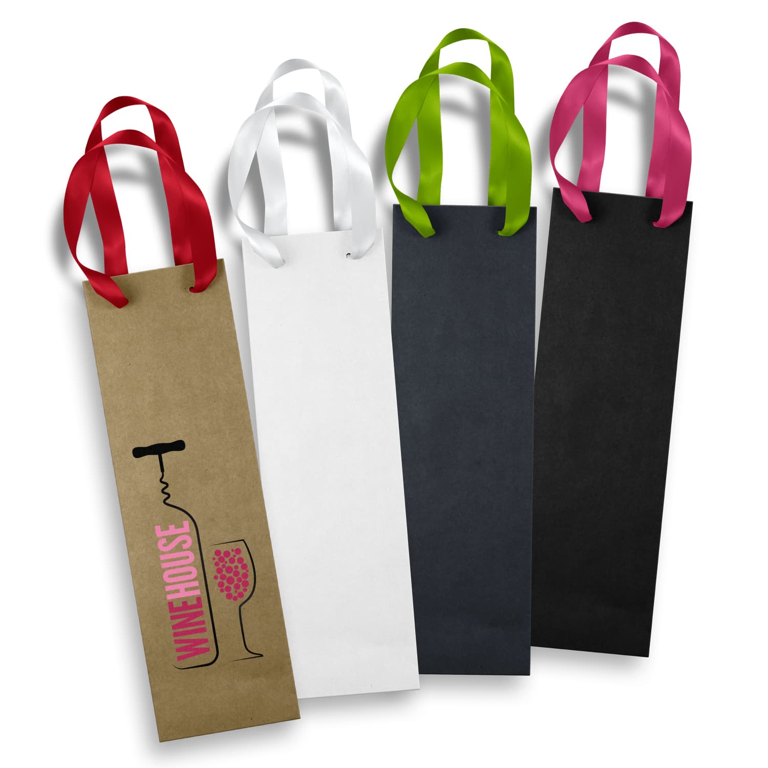 A collection of four wine bottle gift bags in brown, white, black, and various coloured handles, featuring a logo. Wine Ribbon Handle Paper Bag - Image 1