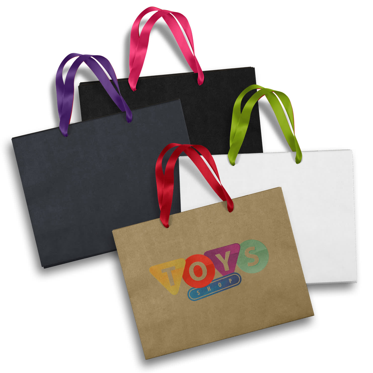 A collection of large paper bags in black, white, and brown, featuring vibrant ribbon handles in pink, purple, and green. Large Ribbon Handle Paper Bag - Image 1