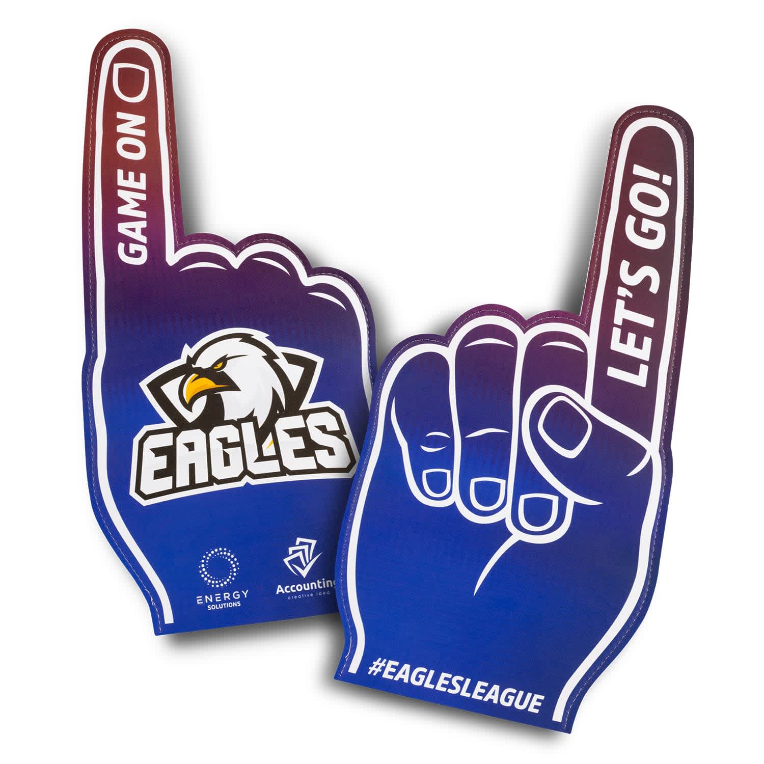 A foam hand supporter in blue and white with an eagle logo, featuring a finger pointing up and text. Foam Supporters Hand - Image 1