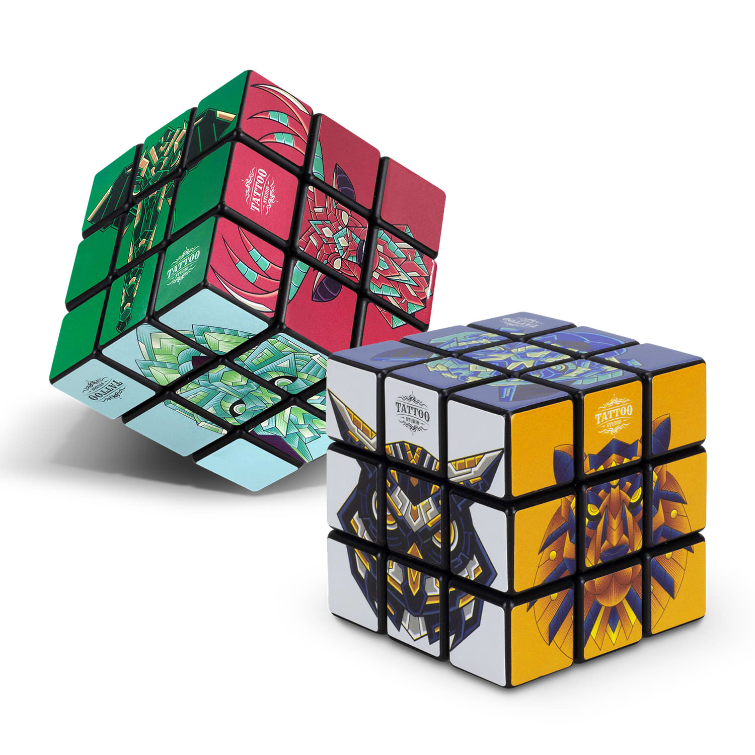 Two custom puzzle cubes featuring vivid designs in red, green, and yellow, each with unique patterns and a logo. Custom Puzzle Cube - Image 1