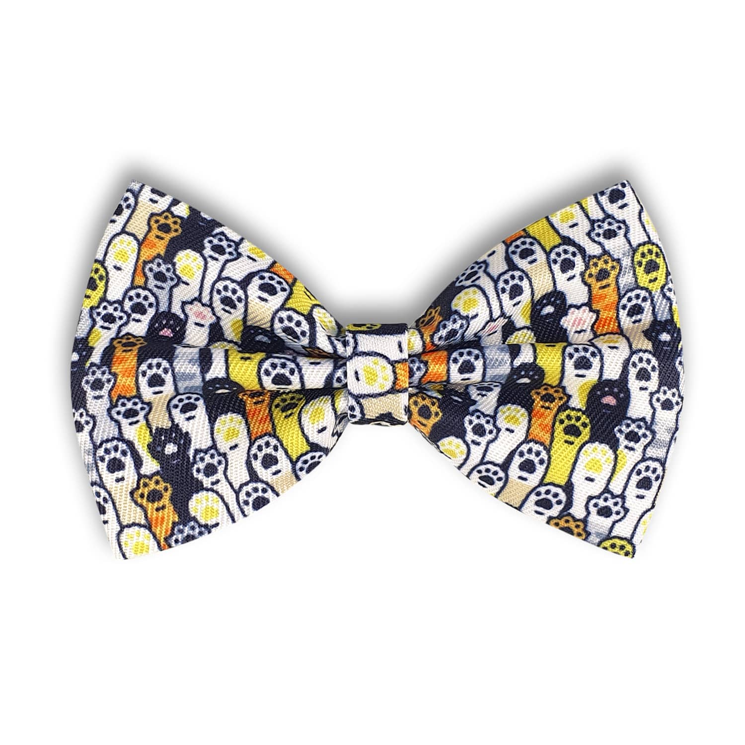 A bow tie featuring a playful pattern of colourful ghosts on a dark background. It has a branding logo. Amigo Pet Bow Tie - Image 1