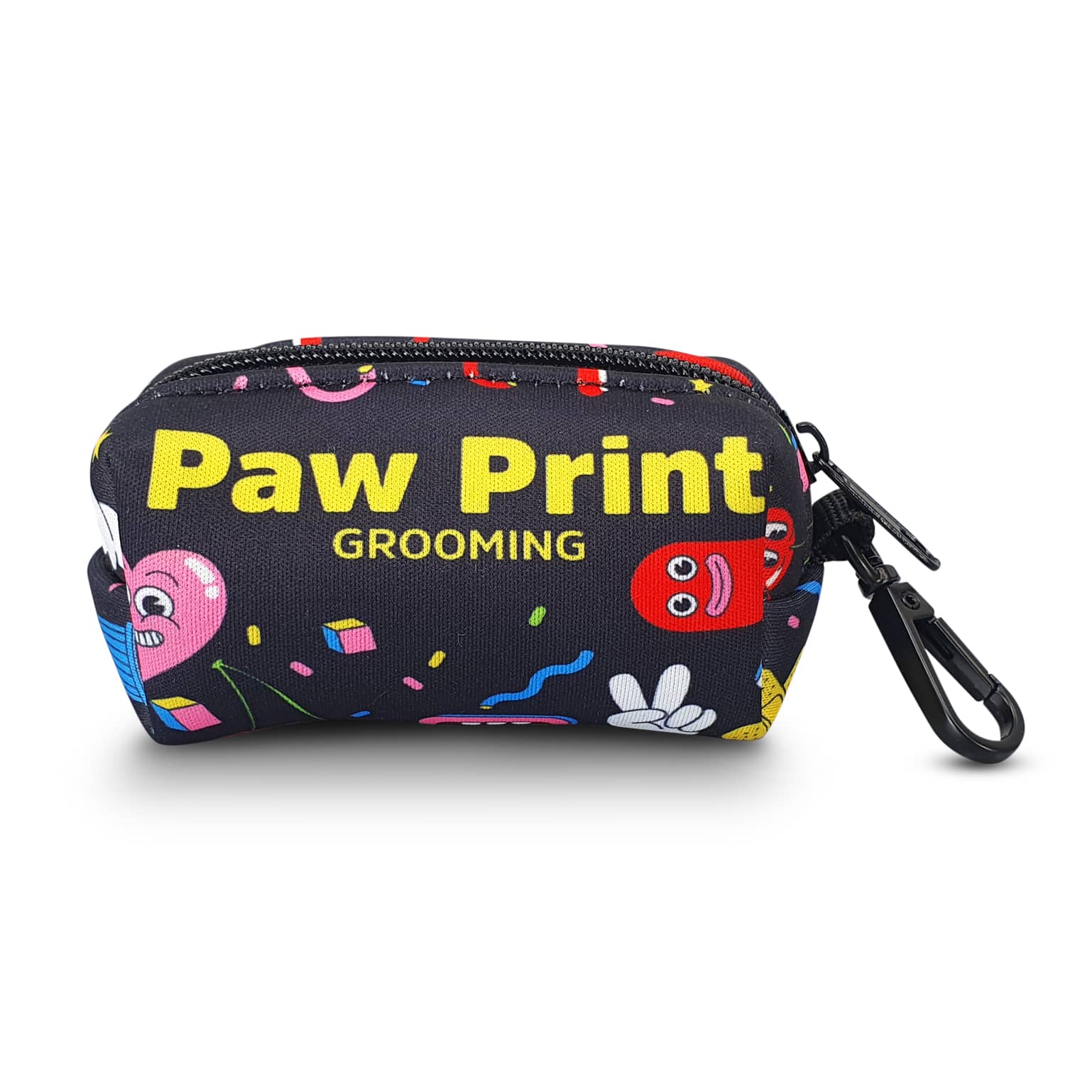 A small black pouch with colourful cartoon prints, featuring a clip and the words "Paw Print Grooming." Amigo Pet Bag Dispenser - Image 1