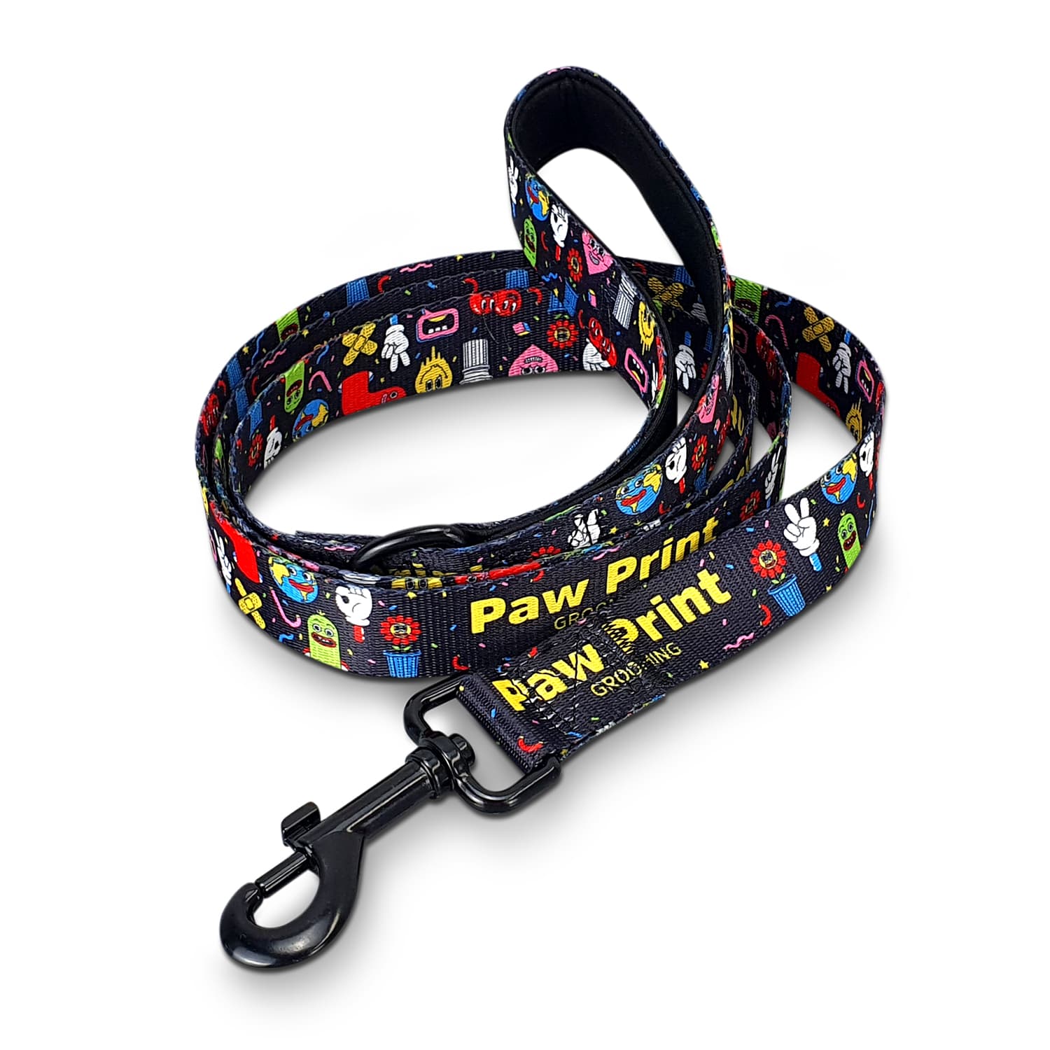 A dog leash featuring a vibrant pattern of cartoonish designs, primarily in black with colourful prints and a clip attachment. Amigo Dog Leash - Image 1