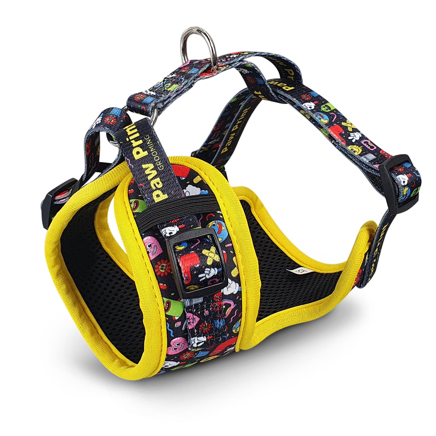 A pet harness featuring a colourful pattern with yellow accents and a black mesh interior. Contains a logo. Amigo Pet Harness - Image 1