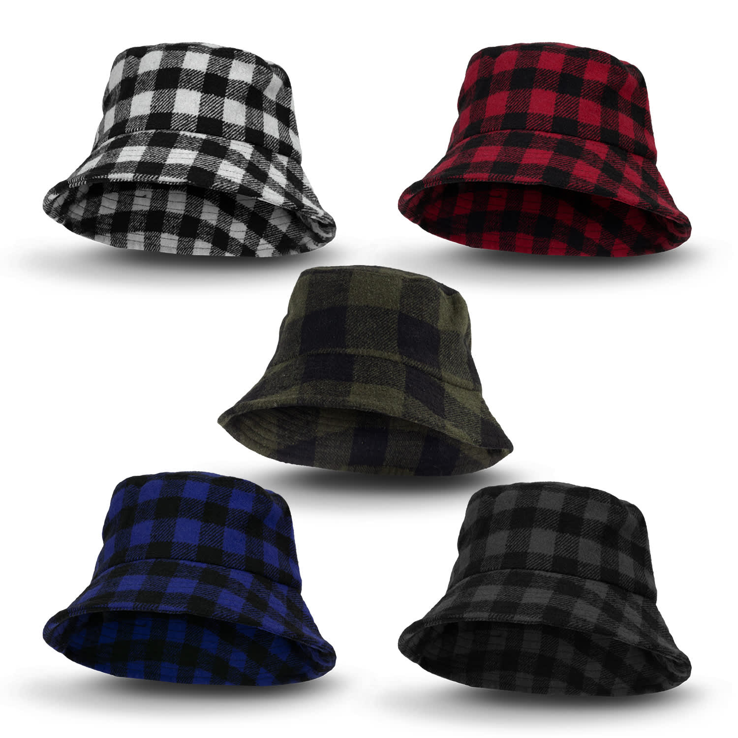 A collection of Fiordland bucket hats in black and white, red, green, blue, and solid black plaid patterns. Fiordland Bucket Hat - Image 1