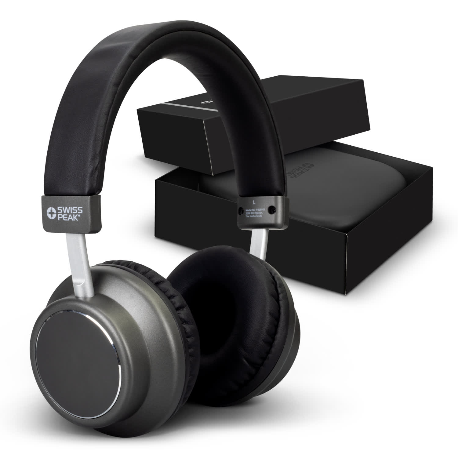 A pair of grey wireless headphones with a black cushioned headband, accompanied by a black box. Swiss Peak Wireless Headphone V3 - Image 1