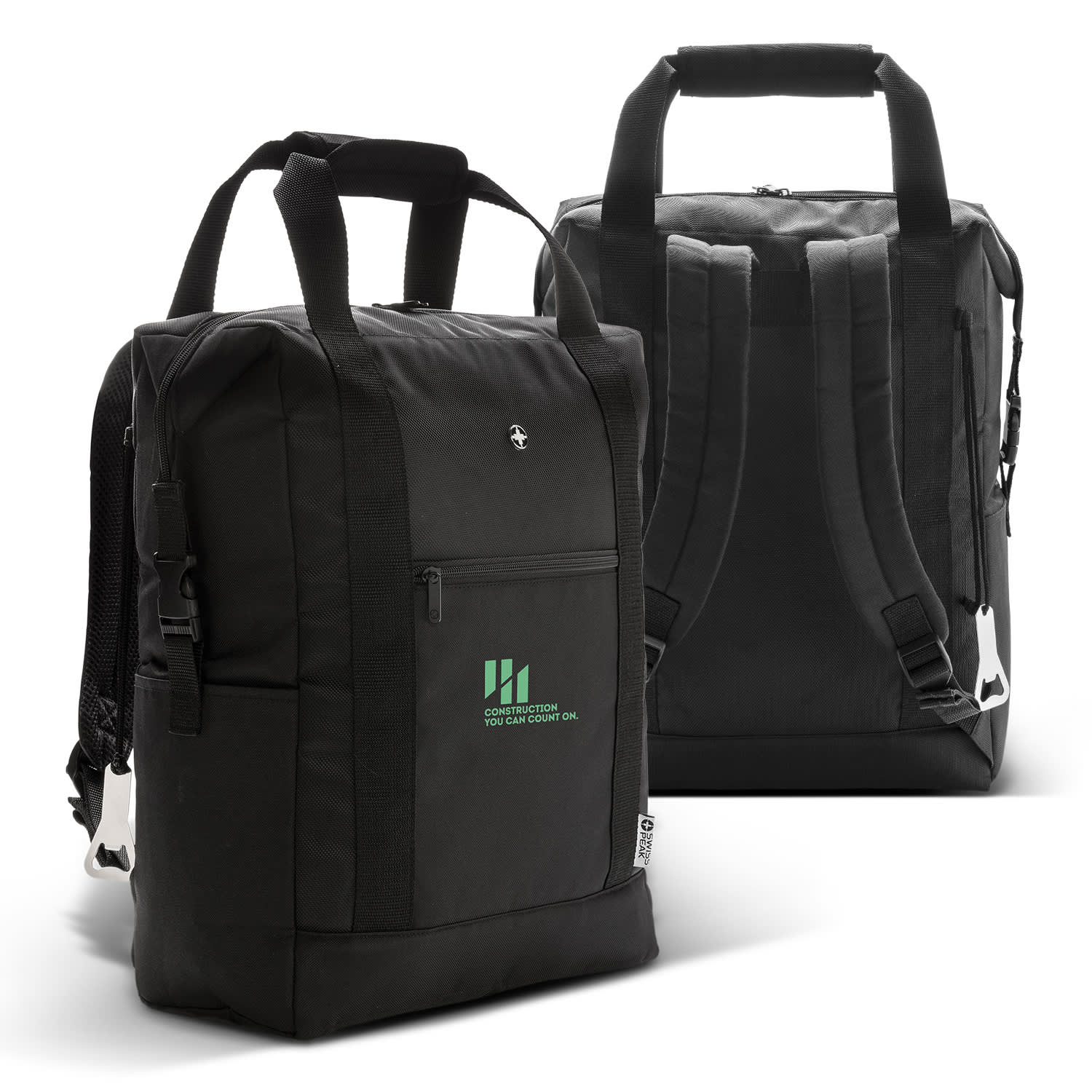 A black cooler totepacks with dual handles and adjustable straps, featuring a logo in a subtle green hue. Swiss Peak XXL Cooler Totepack - Image 1