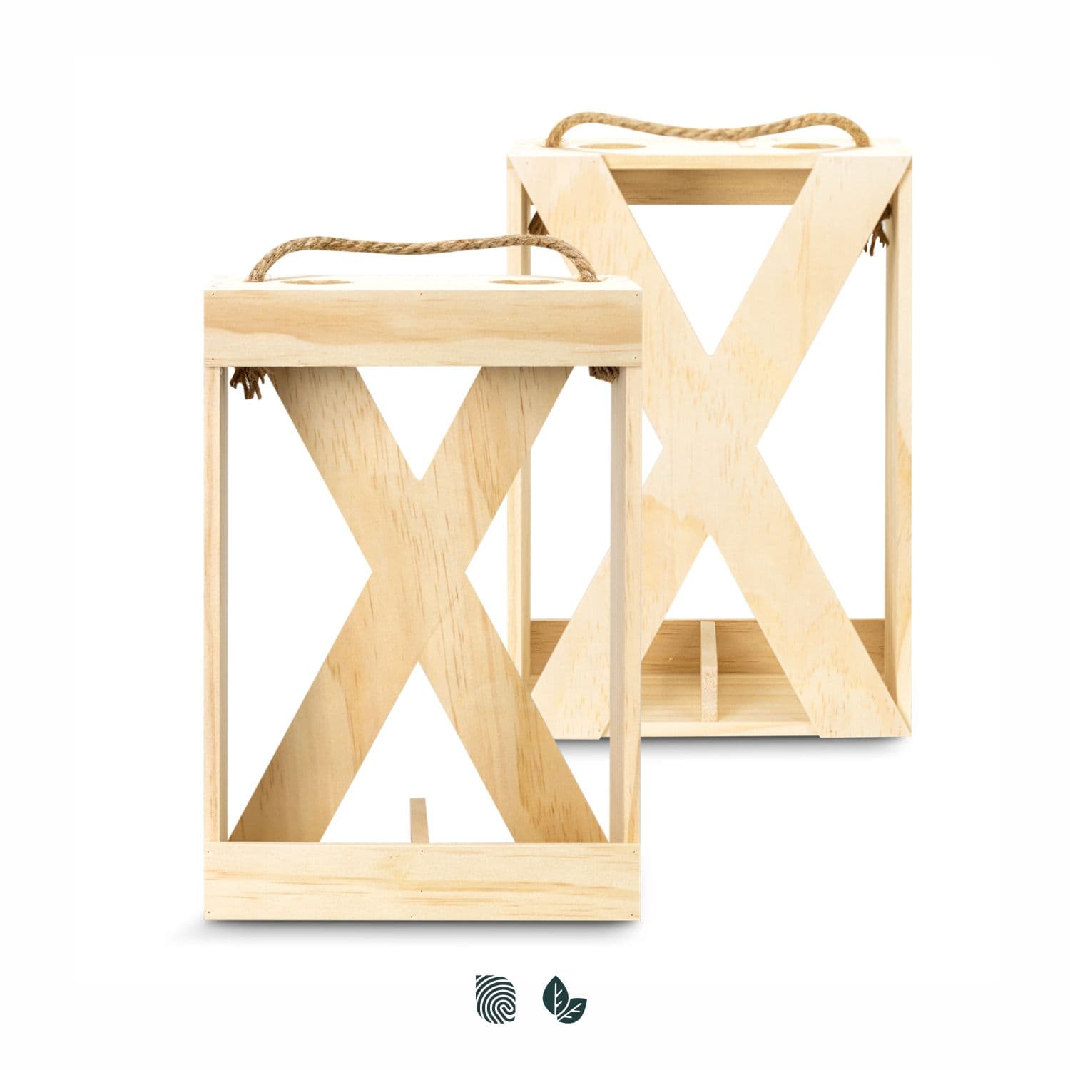 A wooden wine crate with a natural finish, featuring an X-shaped design and a rope handle for easy carrying. Catalonia Wine Crate - Double - Image 1