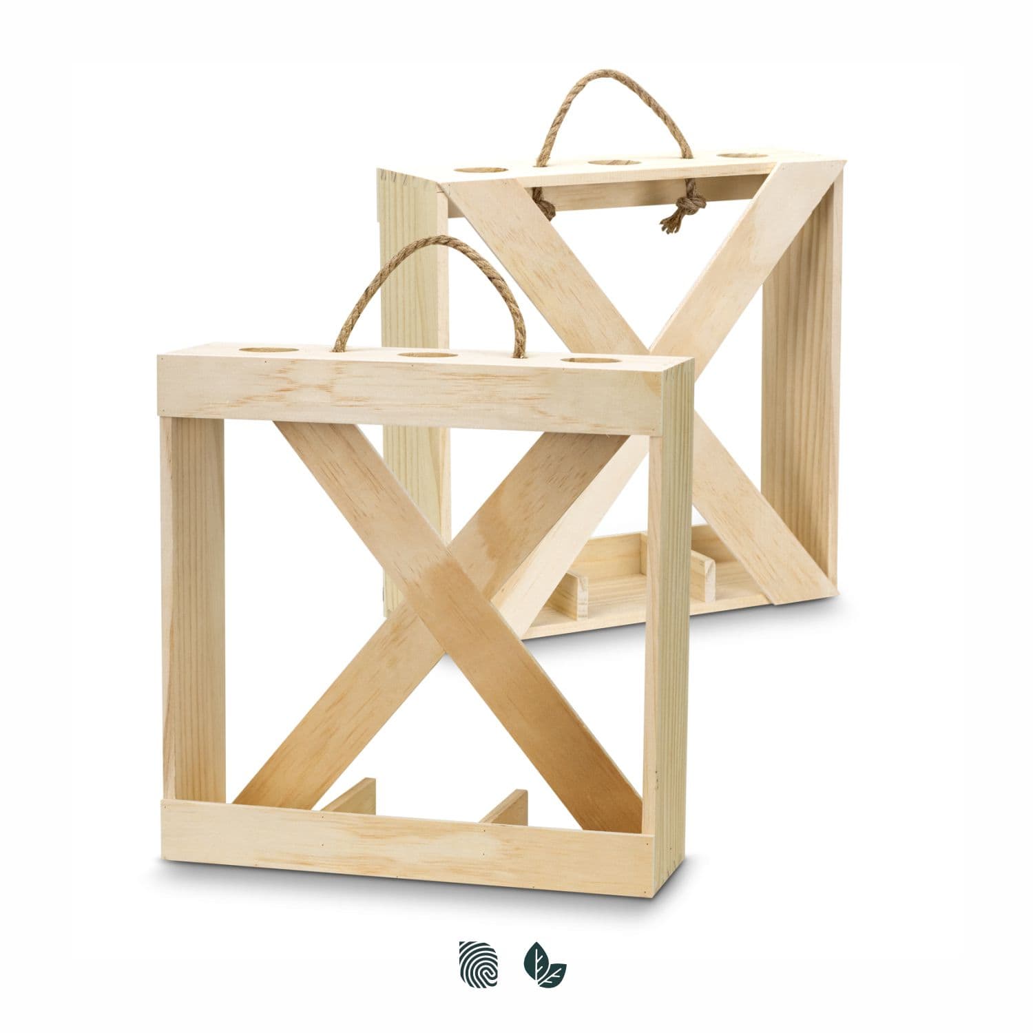 A wooden wine crate with a natural finish, featuring a handle and space for three bottles. Catalonia Wine Crate - Triple - Image 1