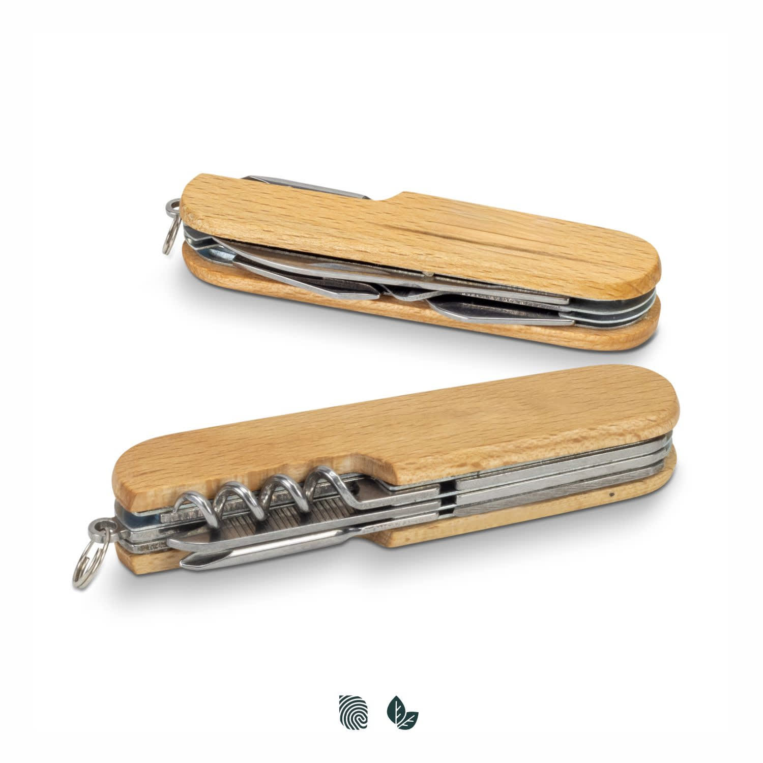 A wooden pocket knife featuring a sleek design with a corkscrew and stainless steel tools, complete with a keyring attachment. Wooden Pocket Knife - Image 1